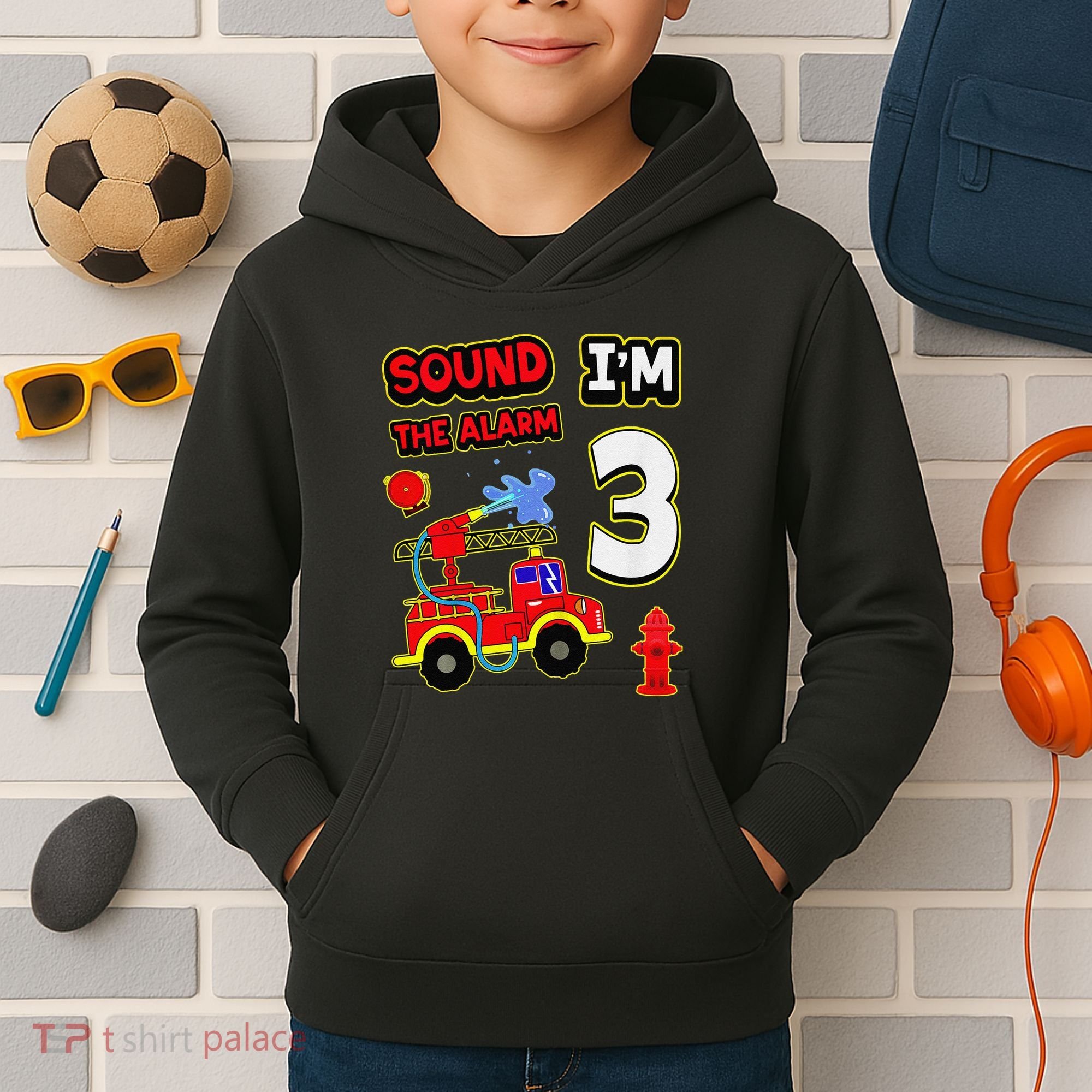3rd Birthday Fire Truck 3 Year Old Firefighter Kids Hoodie