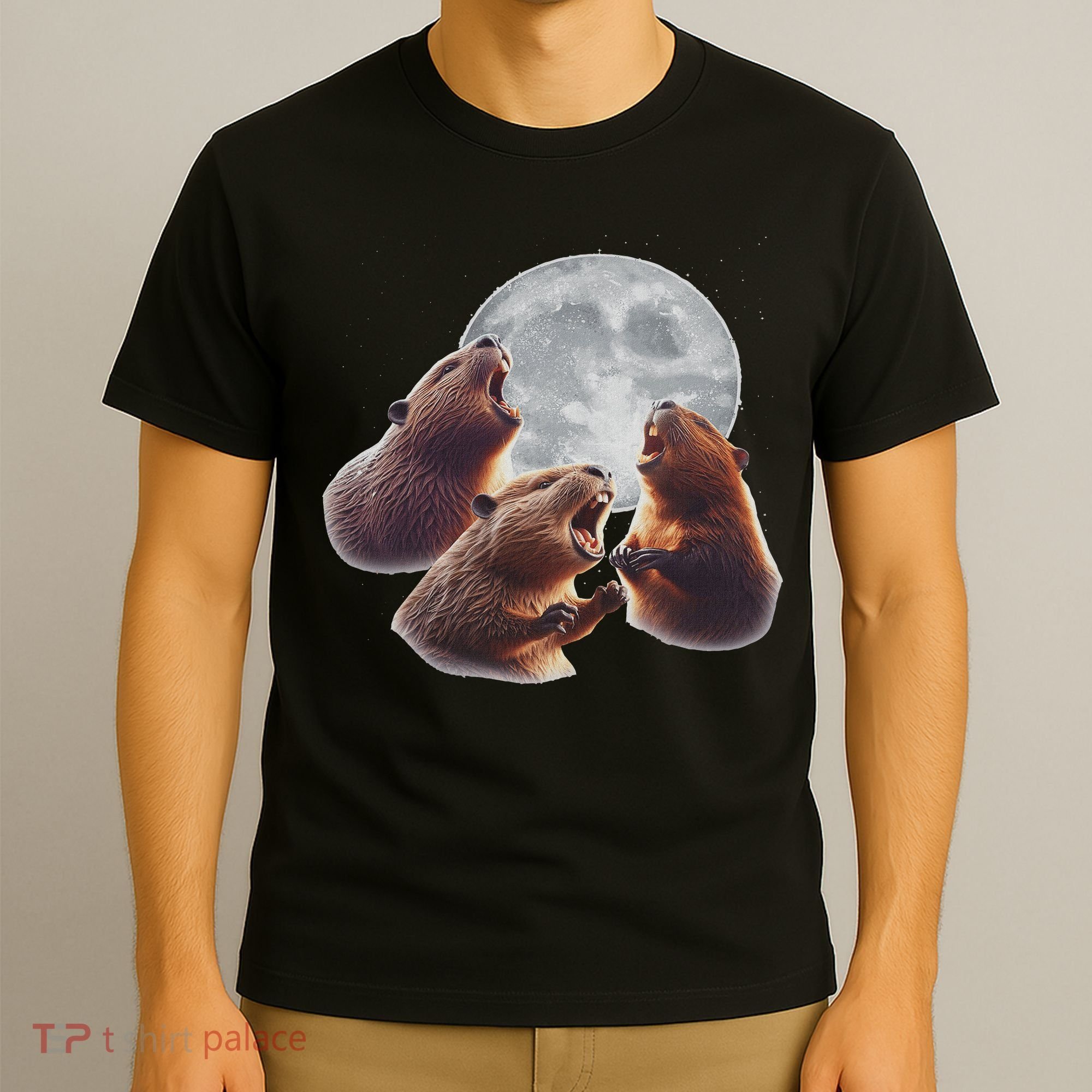 3 Beaver Howling At The Moon Funny Beaver Lover Rodent T-Shirt