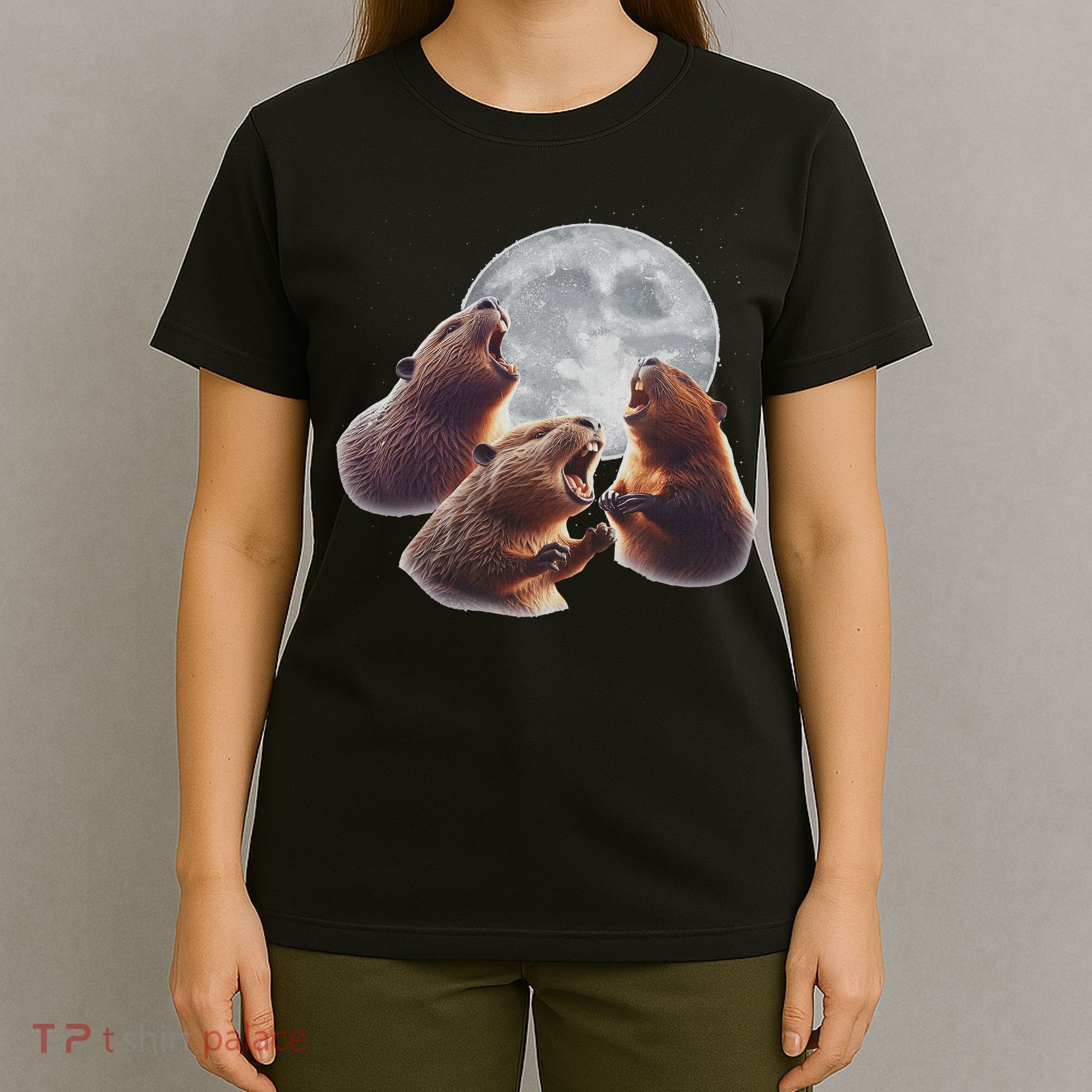 3 Beaver Howling At The Moon Funny Beaver Lover Rodent T-Shirt