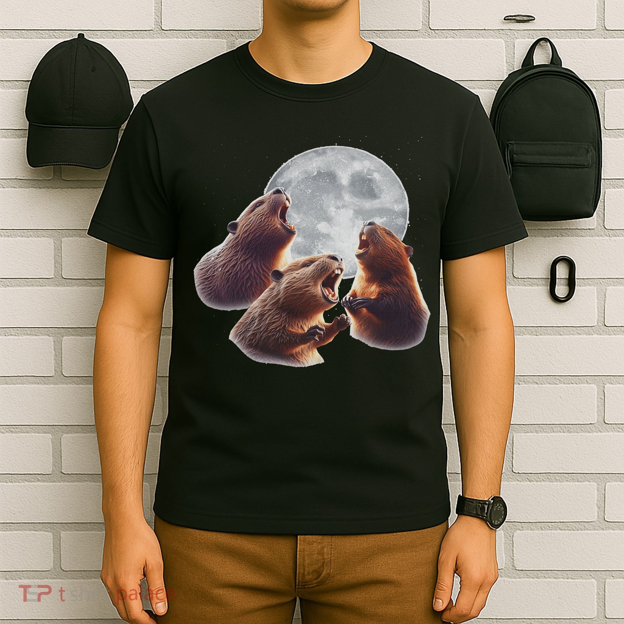 3 Beaver Howling At The Moon Funny Beaver Lover Rodent T-Shirt