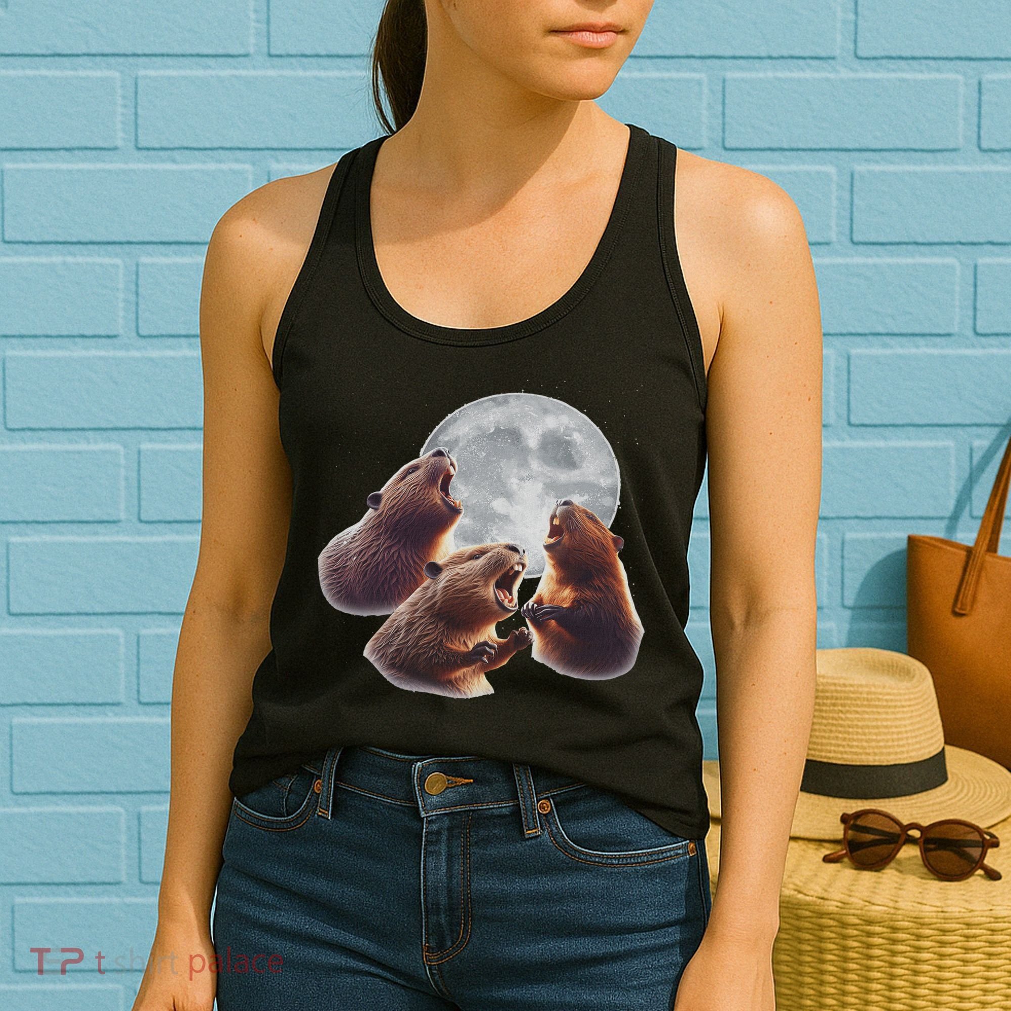 3 Beaver Howling At The Moon Funny Beaver Lover Rodent Women's Tank Top