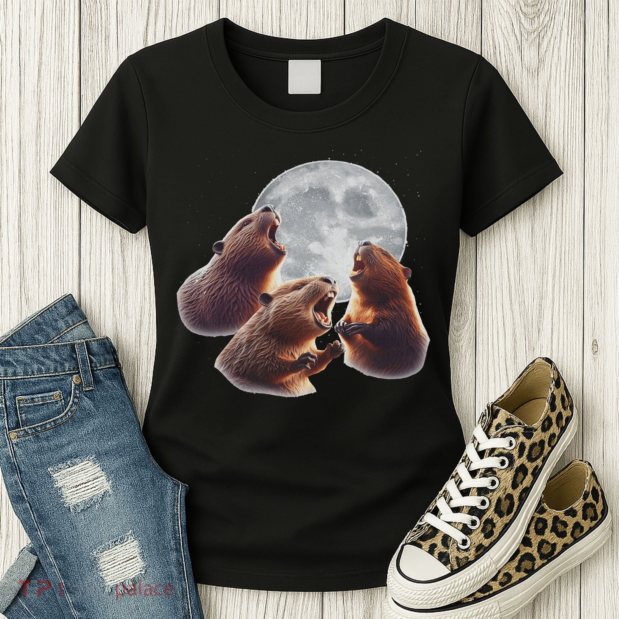 3 Beaver Howling At The Moon Funny Beaver Lover Rodent Women's T-Shirt
