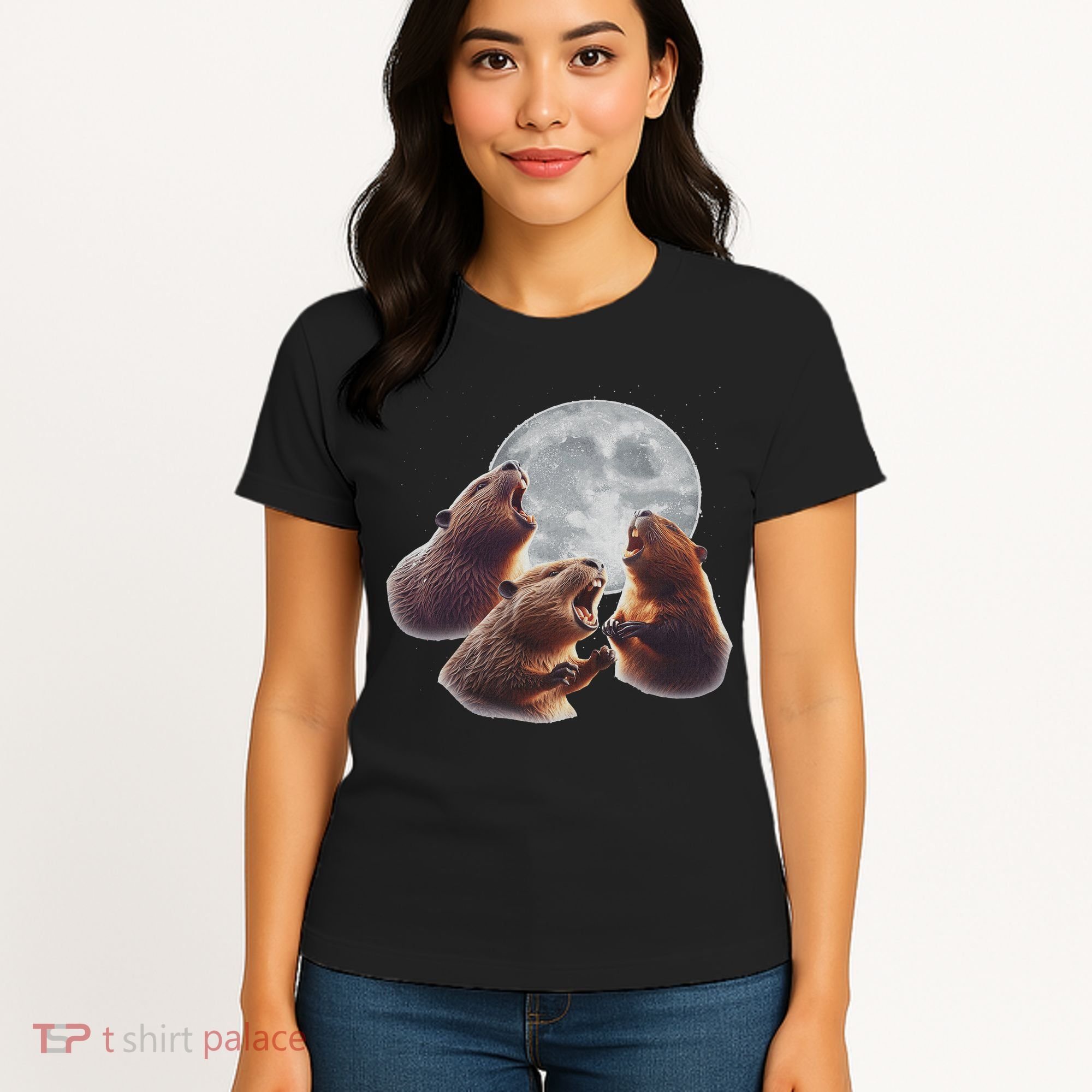3 Beaver Howling At The Moon Funny Beaver Lover Rodent Women's T-Shirt