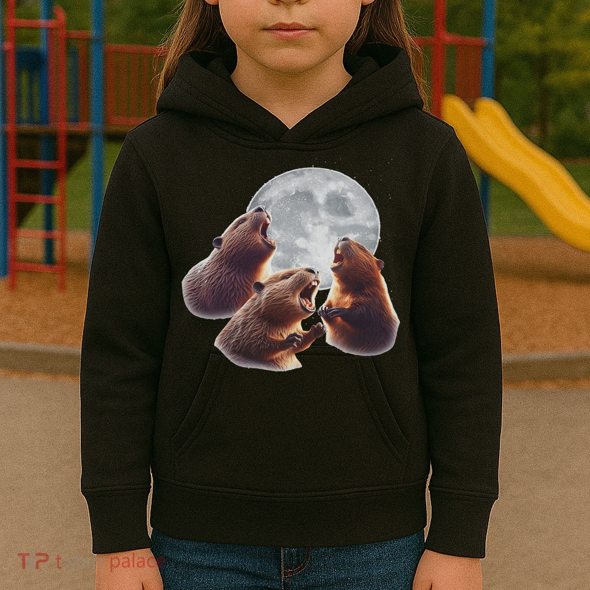 3 Beaver Howling At The Moon Funny Beaver Lover Rodent Kids Hoodie