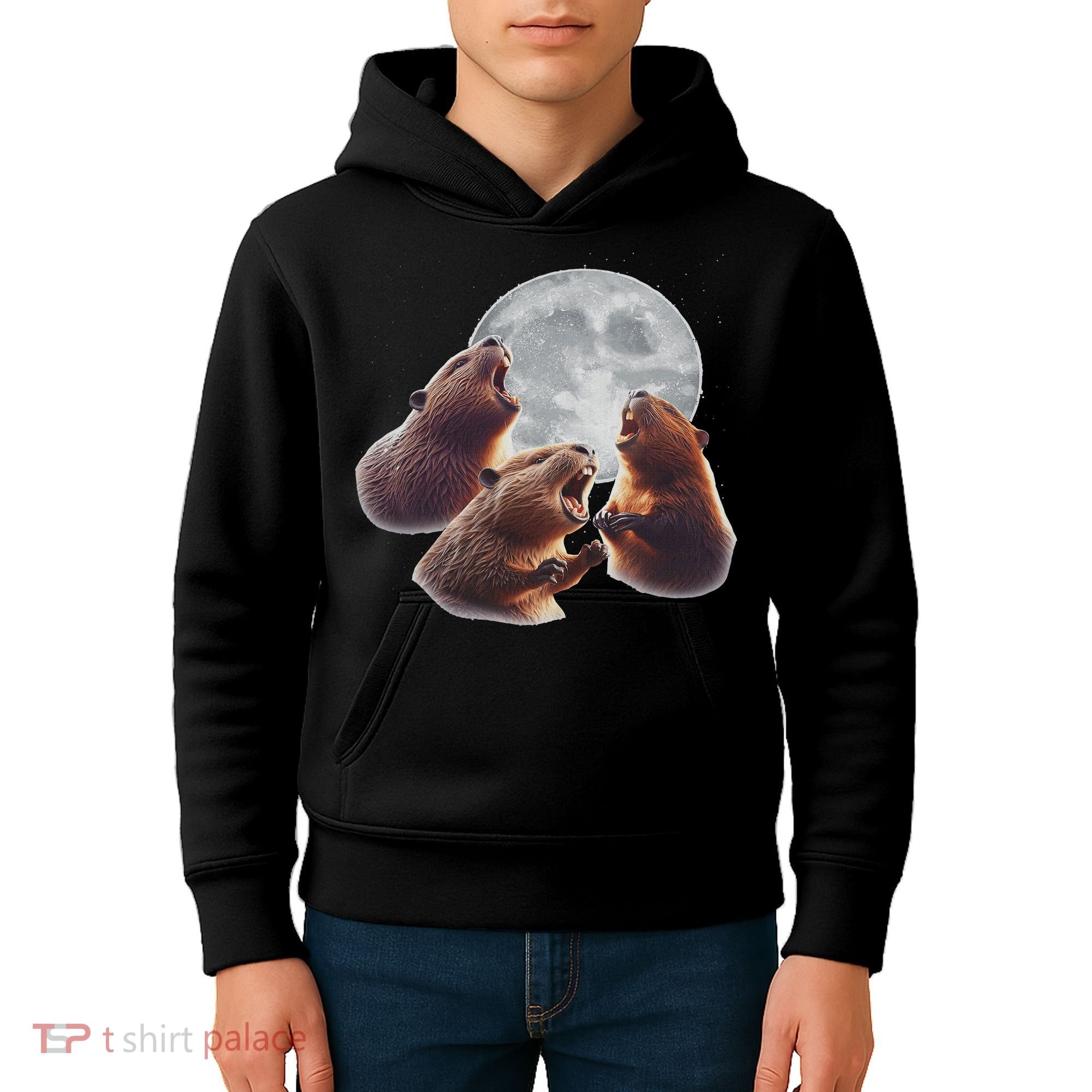3 Beaver Howling At The Moon Funny Beaver Lover Rodent Kids Hoodie