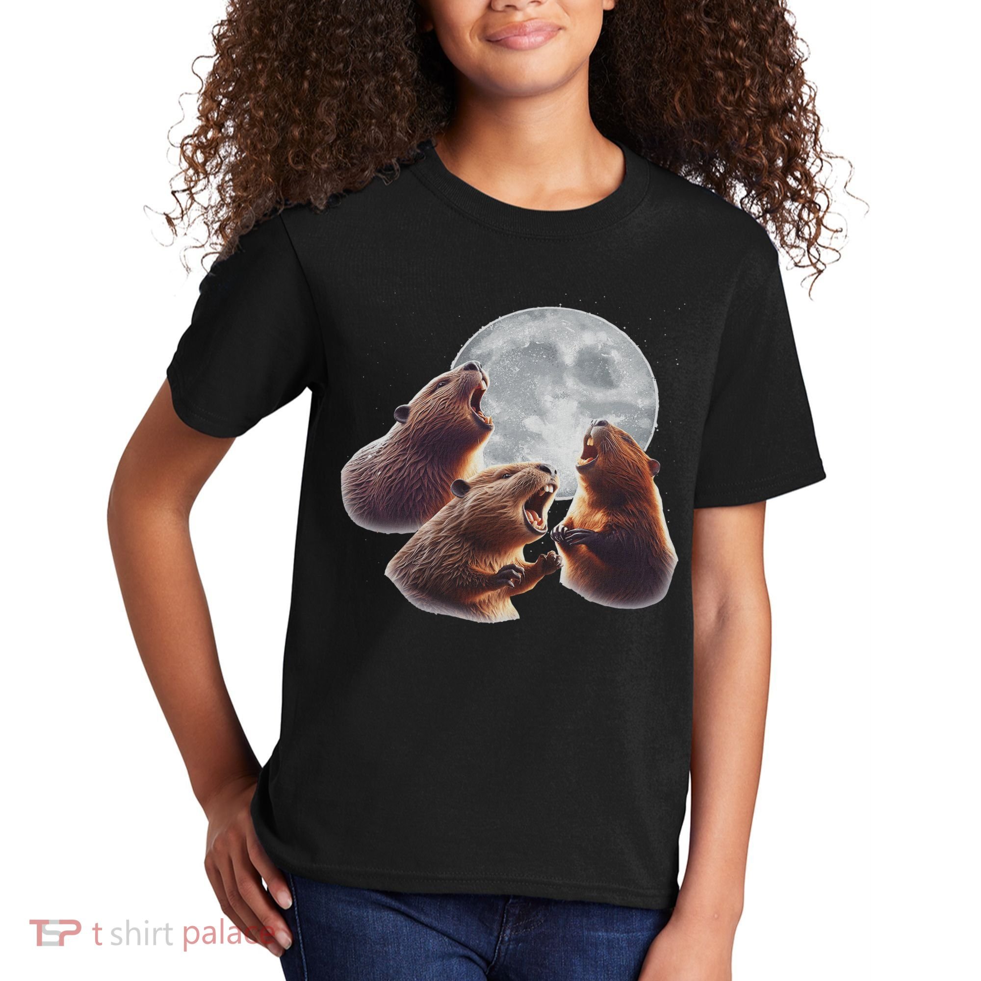 3 Beaver Howling At The Moon Funny Beaver Lover Rodent Kids T-Shirt