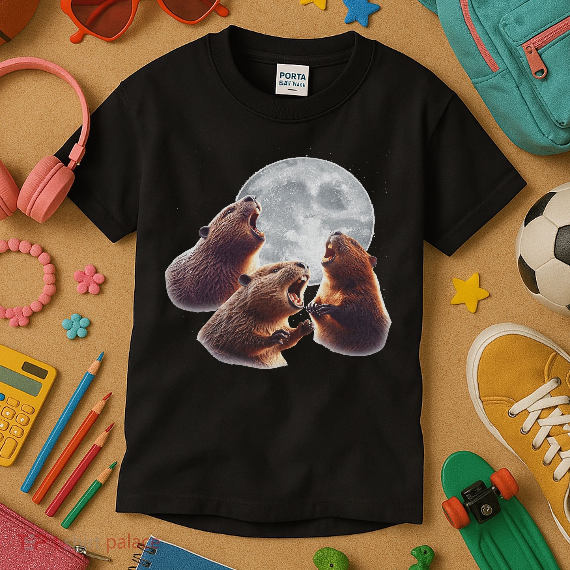 3 Beaver Howling At The Moon Funny Beaver Lover Rodent Kids T-Shirt