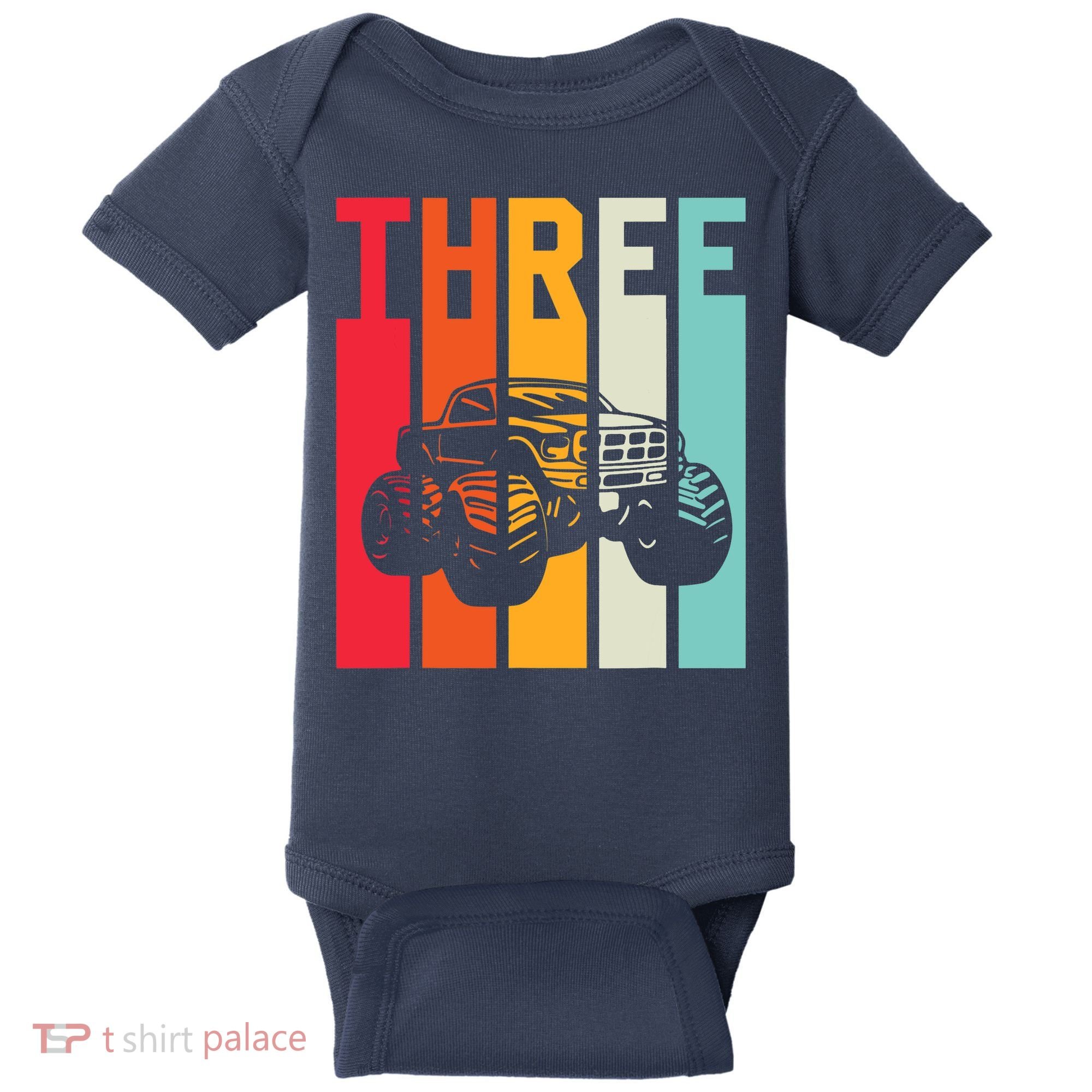3rd Birthday Retro Monster Truck Boys Girl 3 Years Old Baby Bodysuit