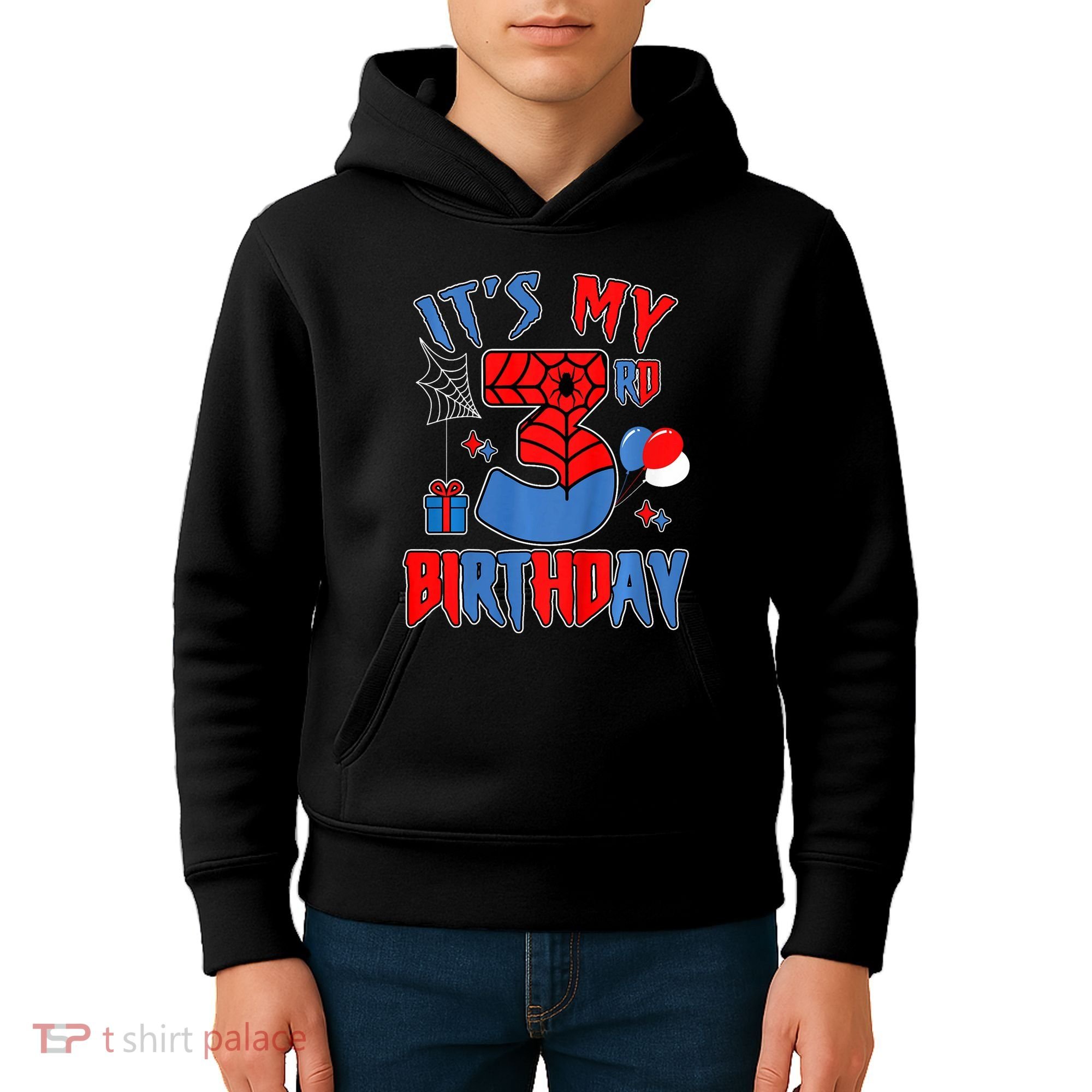 3rd Birthday Spider Web Theme Party Three 3 Year Bday Kids Hoodie