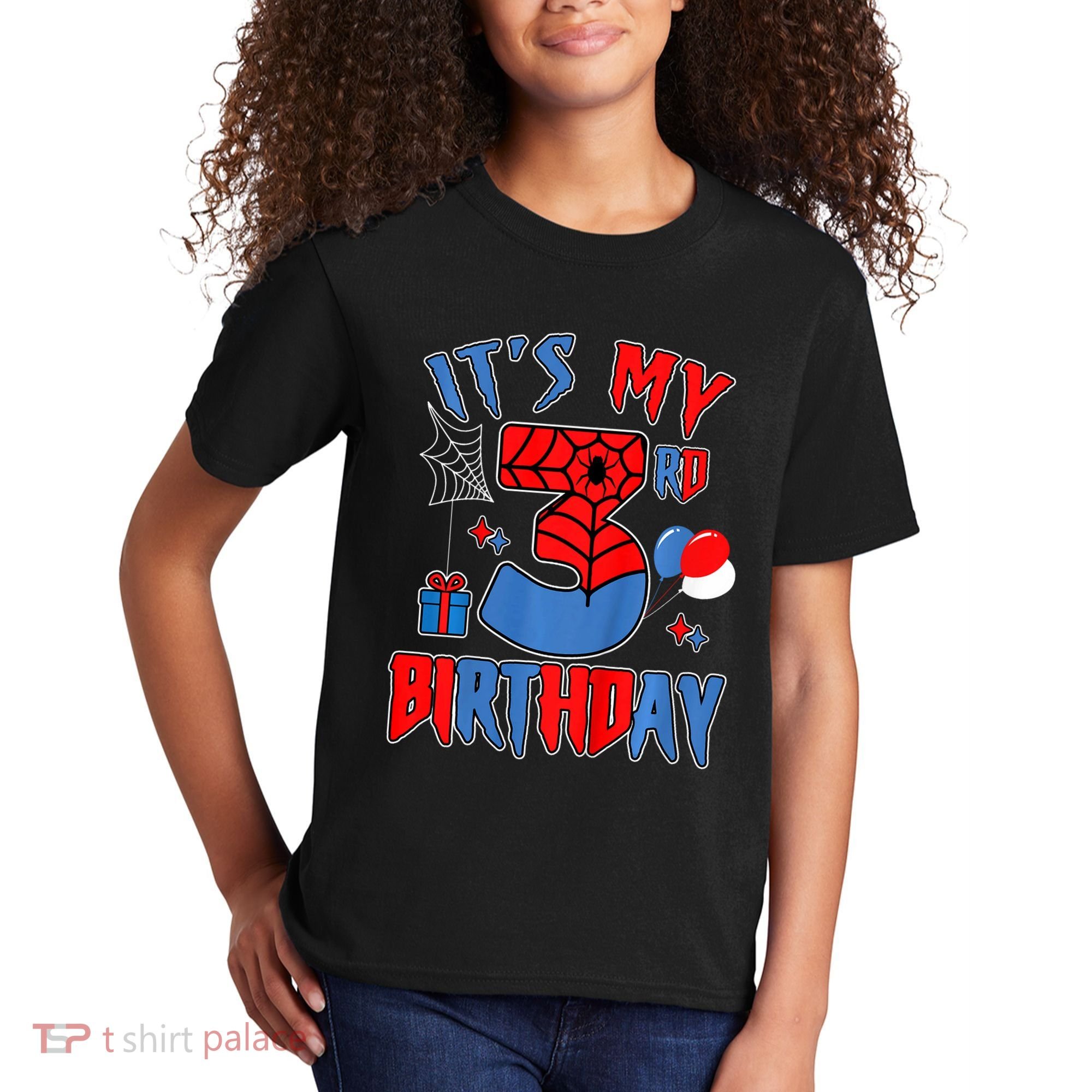 3rd Birthday Spider Web Theme Party Three 3 Year Bday Kids T-Shirt