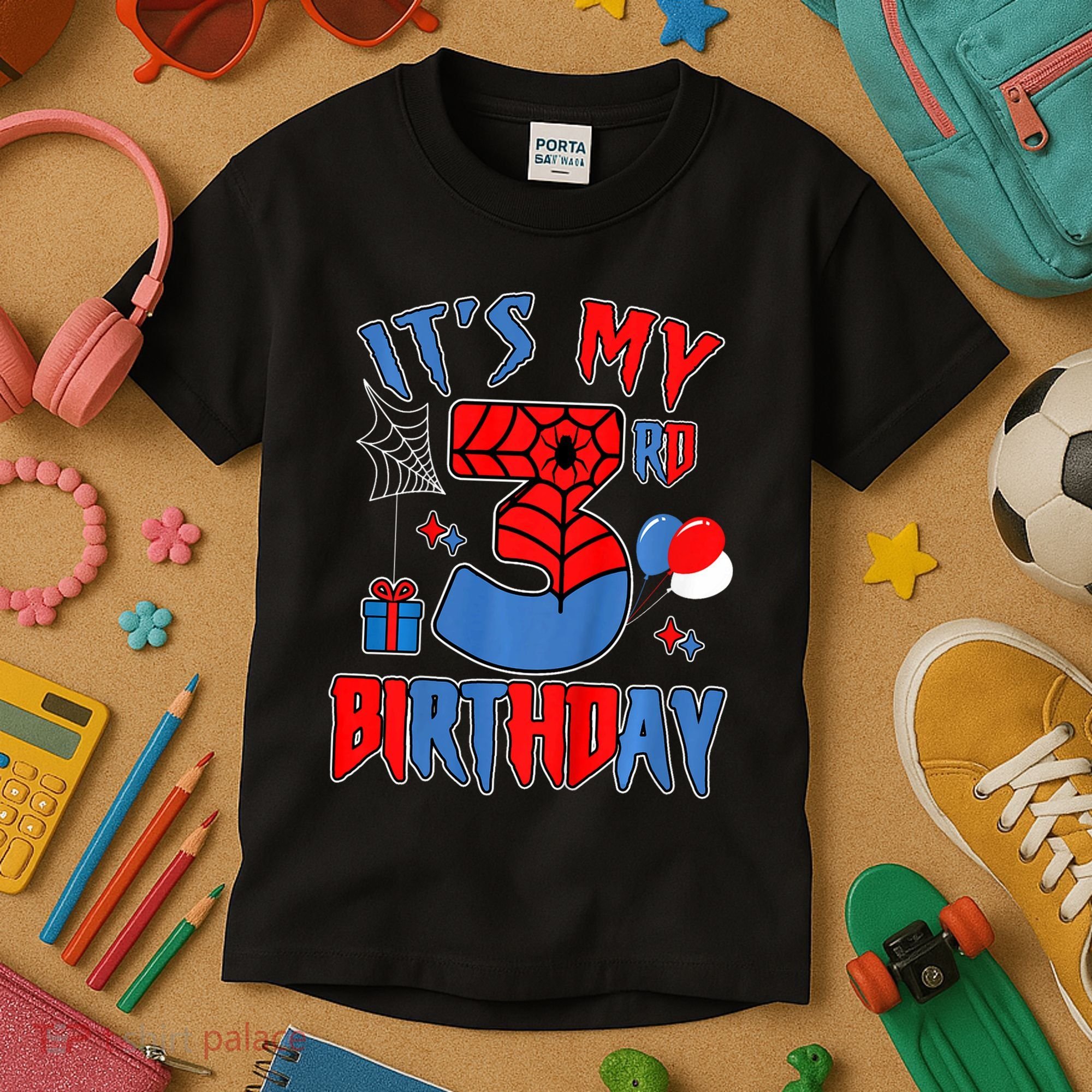 3rd Birthday Spider Web Theme Party Three 3 Year Bday Kids T-Shirt