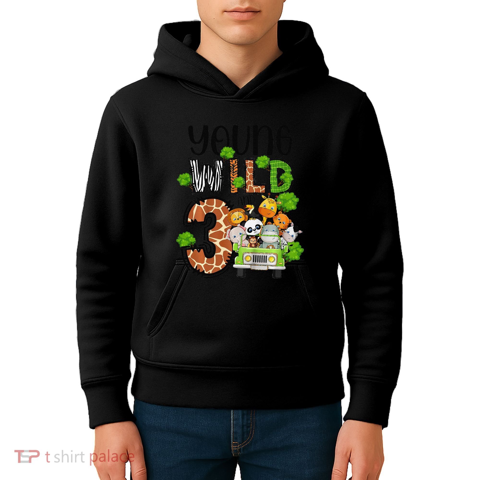 3rd Birthday Young Wild Three 3 Year Old Safari Zoo Kids Hoodie