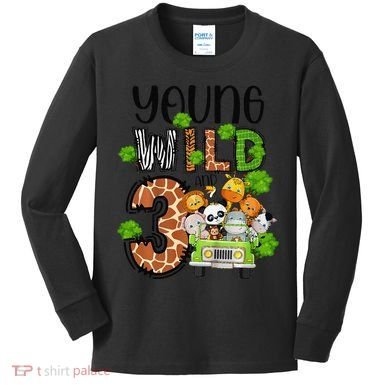 3rd Birthday Young Wild Three 3 Year Old Safari Zoo Kids Long Sleeve Shirt