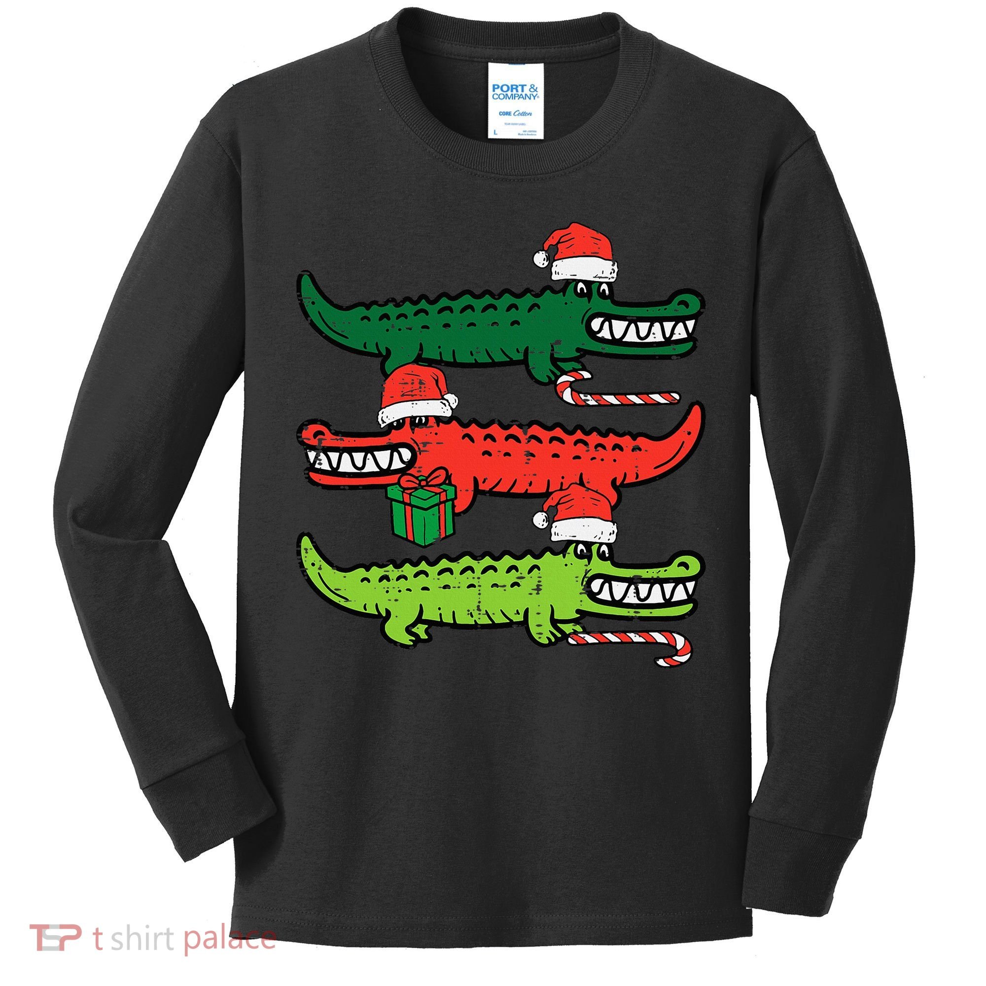 3 Christmas Crocodiles Santa Xmas Alligator Kids Long Sleeve Shirt
