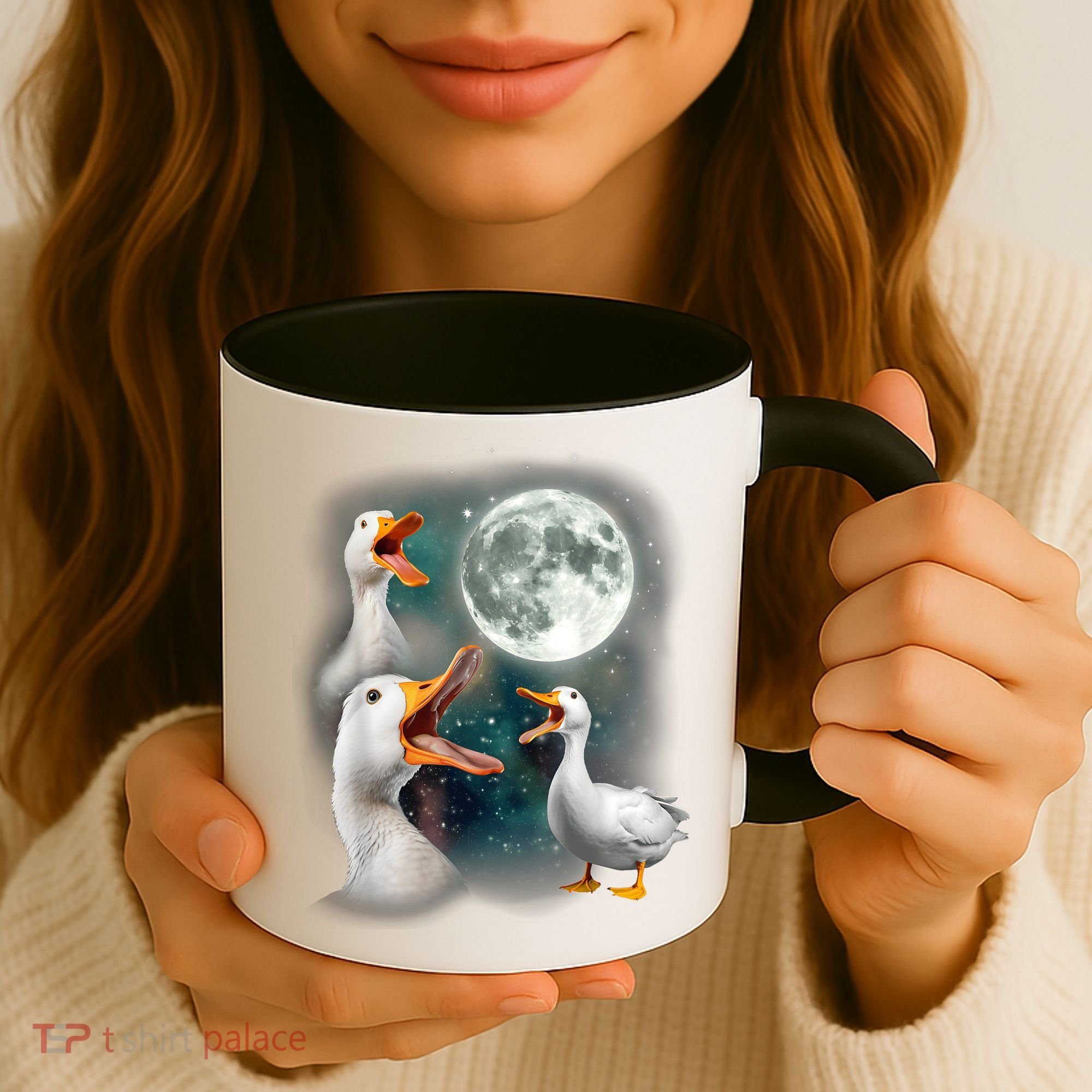 3 Ducks Howl At Moon Funny Weird Cursed Pekin Duck Lover Coffee Mug
