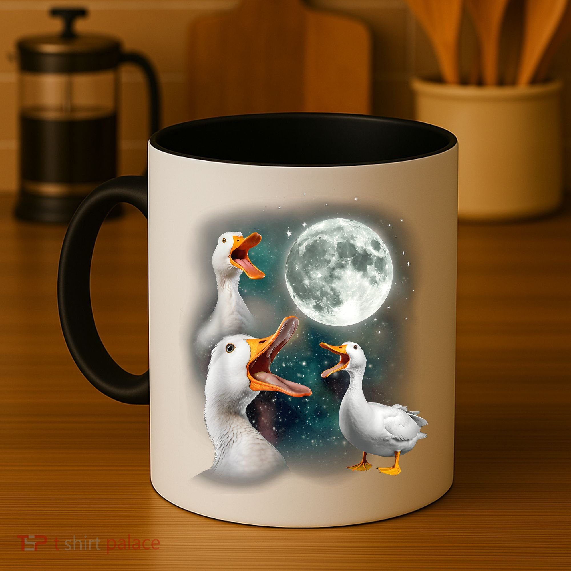 3 Ducks Howl At Moon Funny Weird Cursed Pekin Duck Lover Coffee Mug