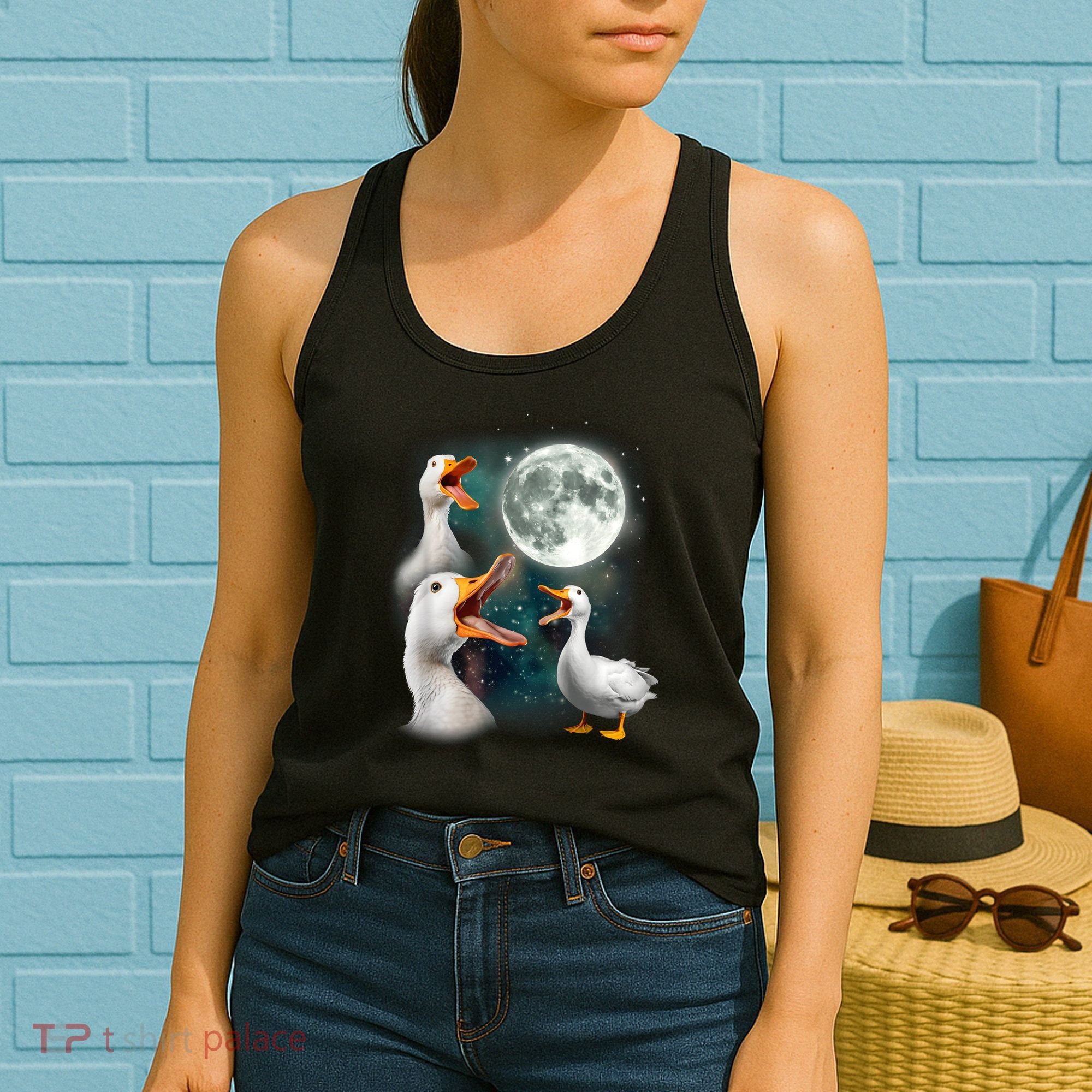 3 Ducks Howl At Moon Funny Weird Cursed Pekin Duck Lover Women's Tank Top