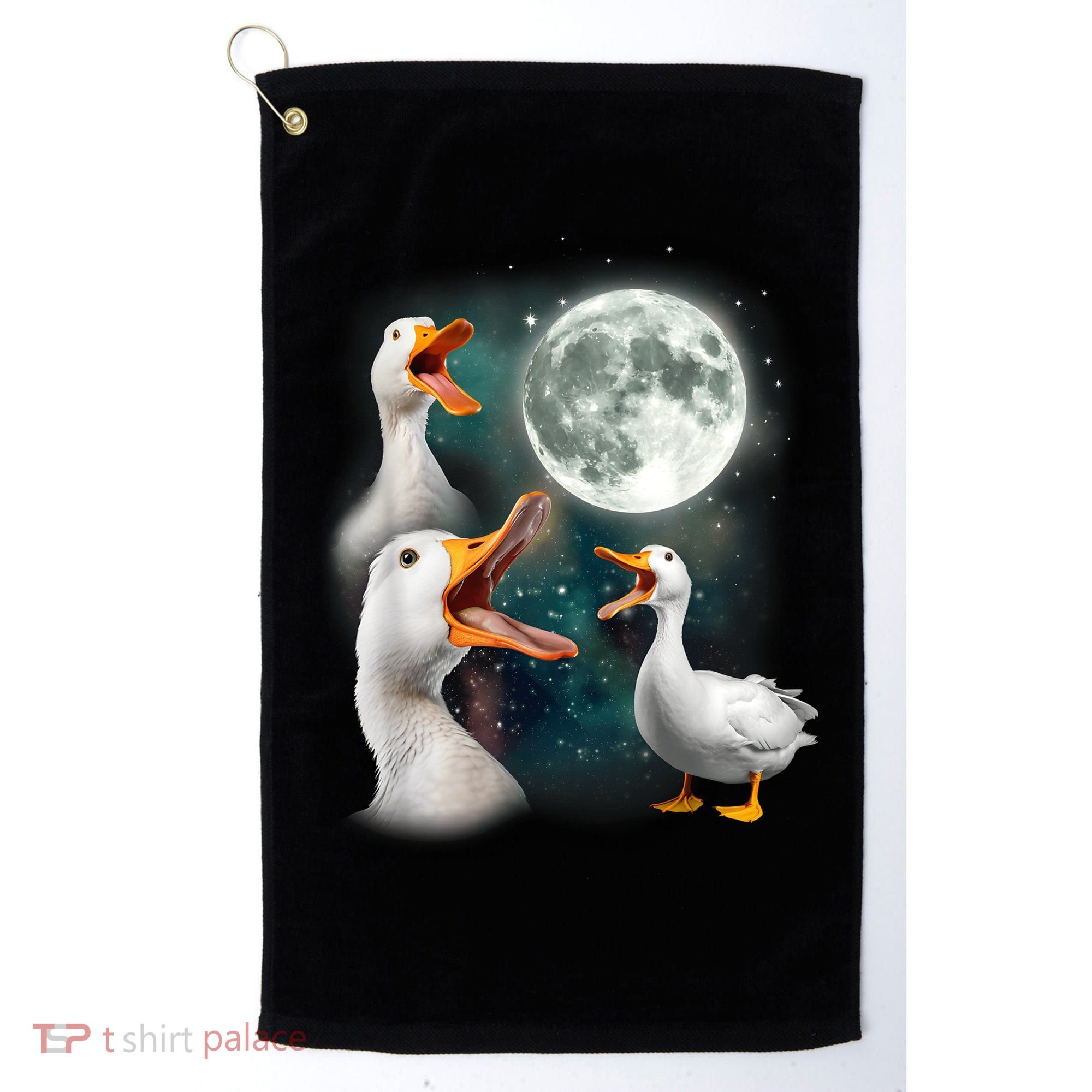 3 Ducks Howl At Moon Funny Weird Cursed Pekin Duck Lover Golf Towel