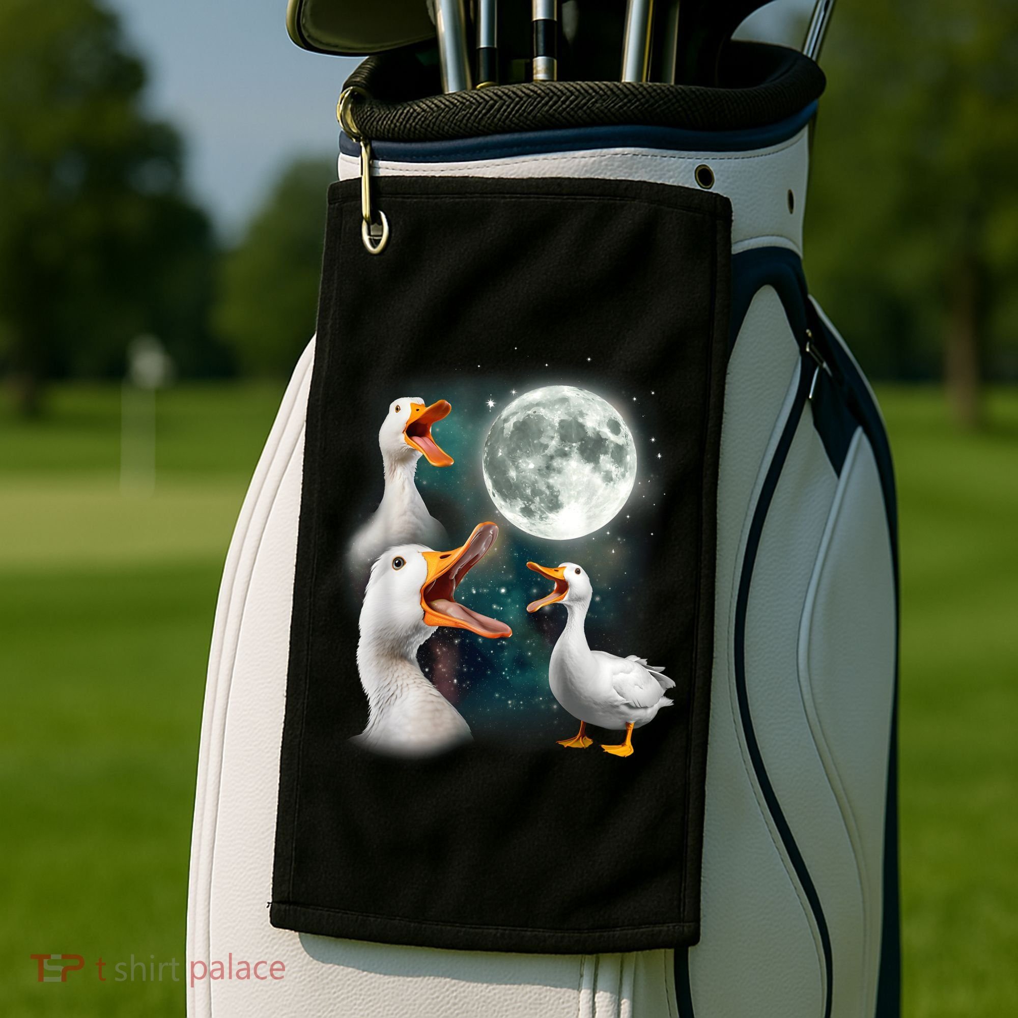 3 Ducks Howl At Moon Funny Weird Cursed Pekin Duck Lover Golf Towel