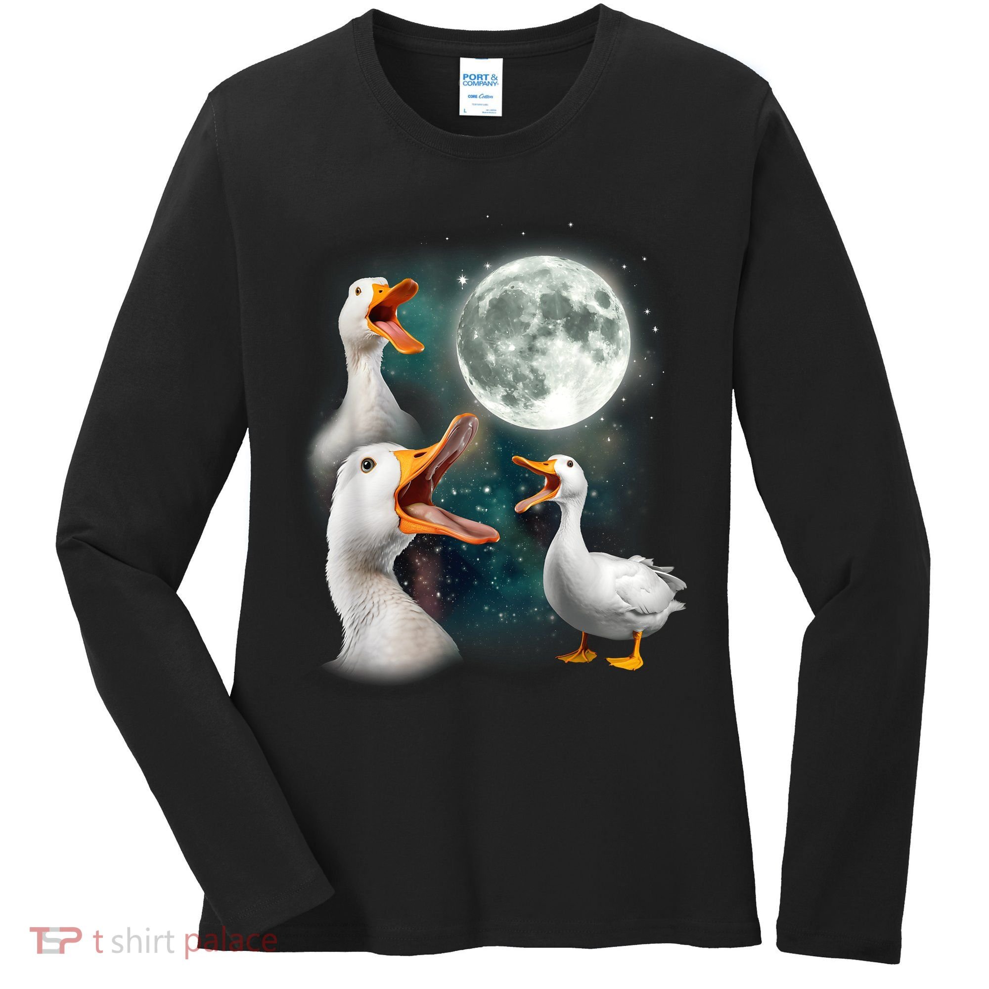 3 Ducks Howl At Moon Funny Weird Cursed Pekin Duck Lover Women's Long Sleeve Shirt