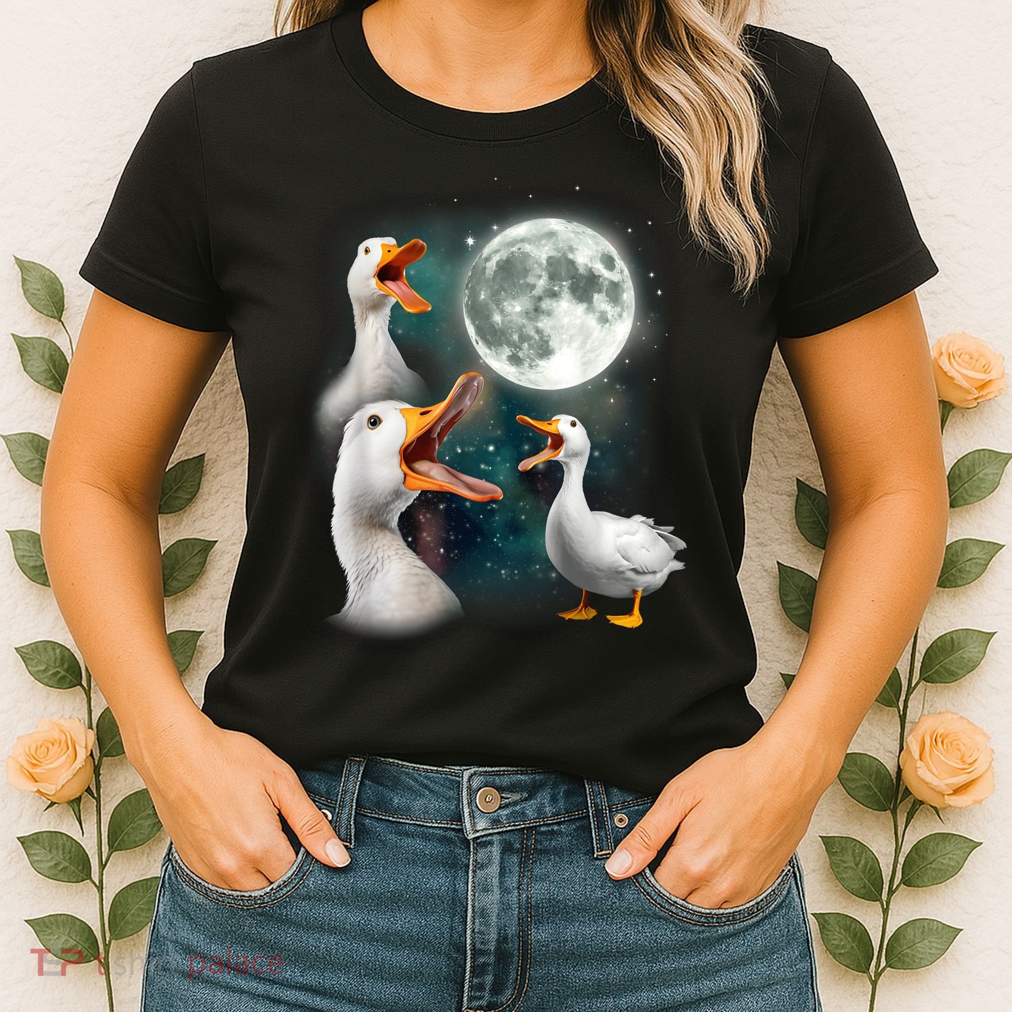 3 Ducks Howl At Moon Funny Weird Cursed Pekin Duck Lover Women's T-Shirt