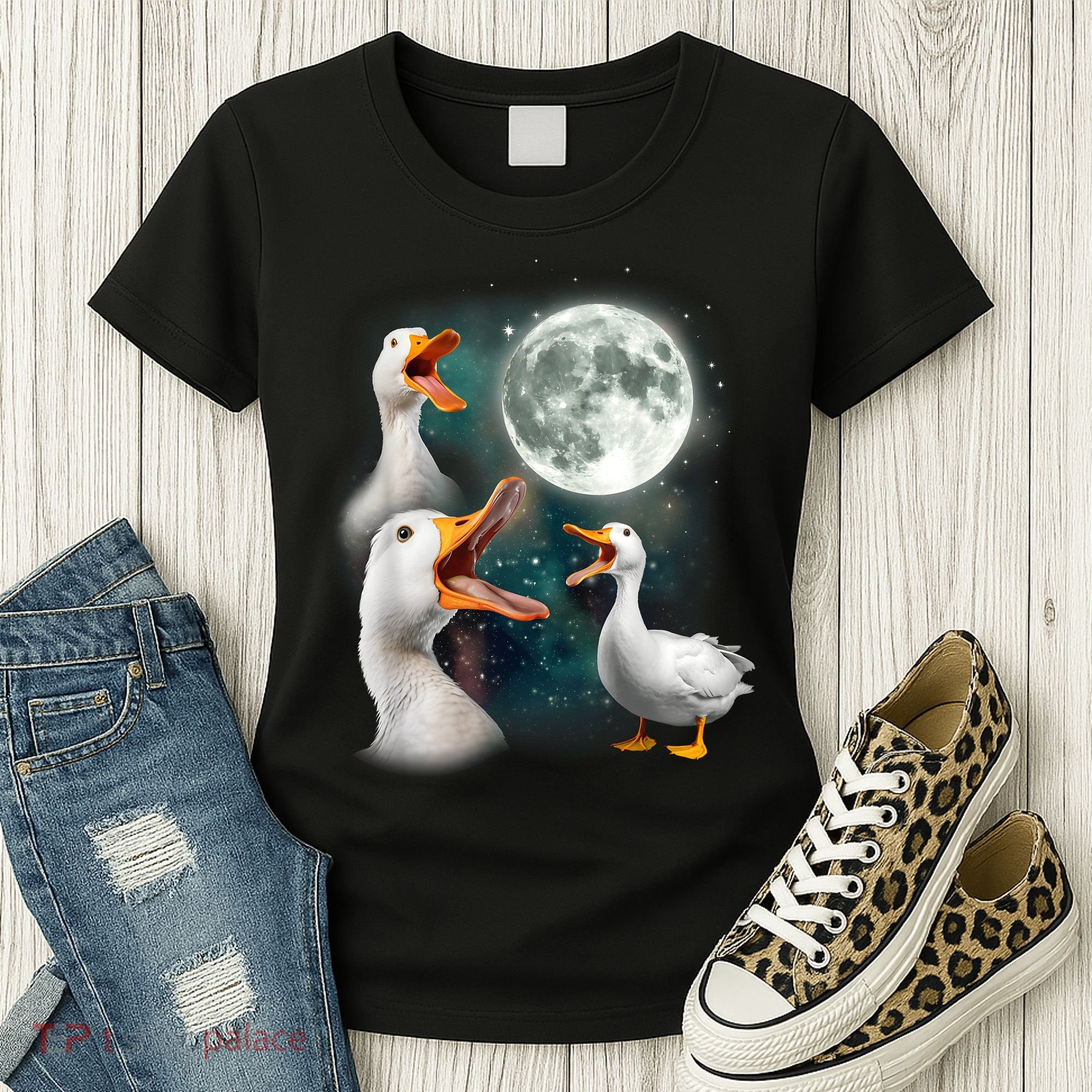3 Ducks Howl At Moon Funny Weird Cursed Pekin Duck Lover Women's T-Shirt