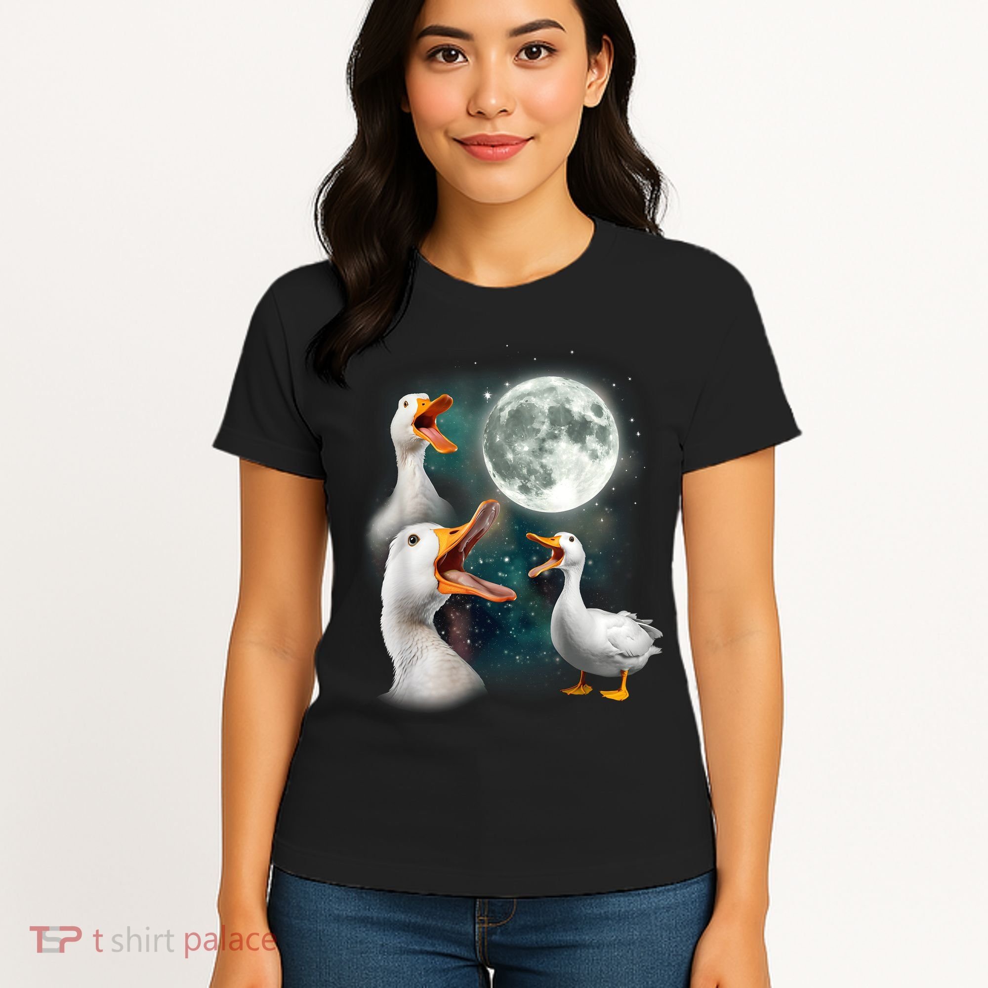 3 Ducks Howl At Moon Funny Weird Cursed Pekin Duck Lover Women's T-Shirt