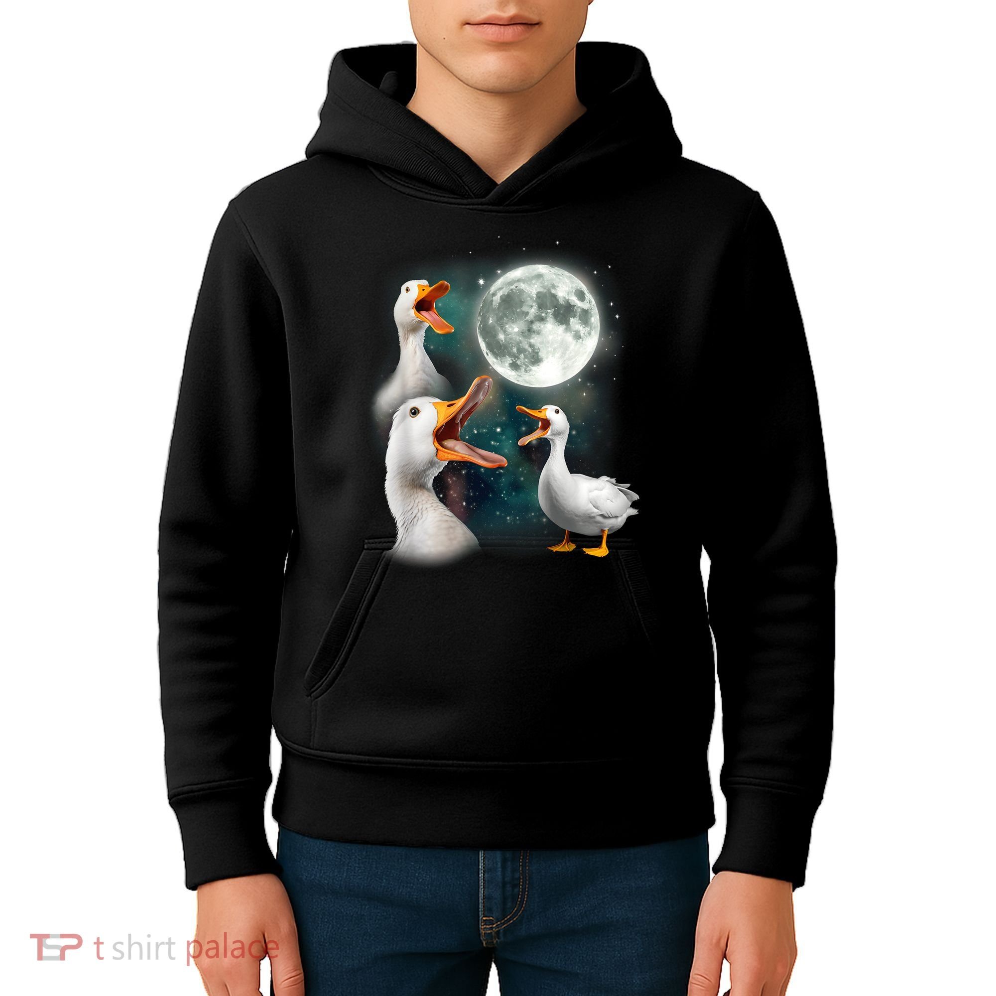3 Ducks Howl At Moon Funny Weird Cursed Pekin Duck Lover Kids Hoodie