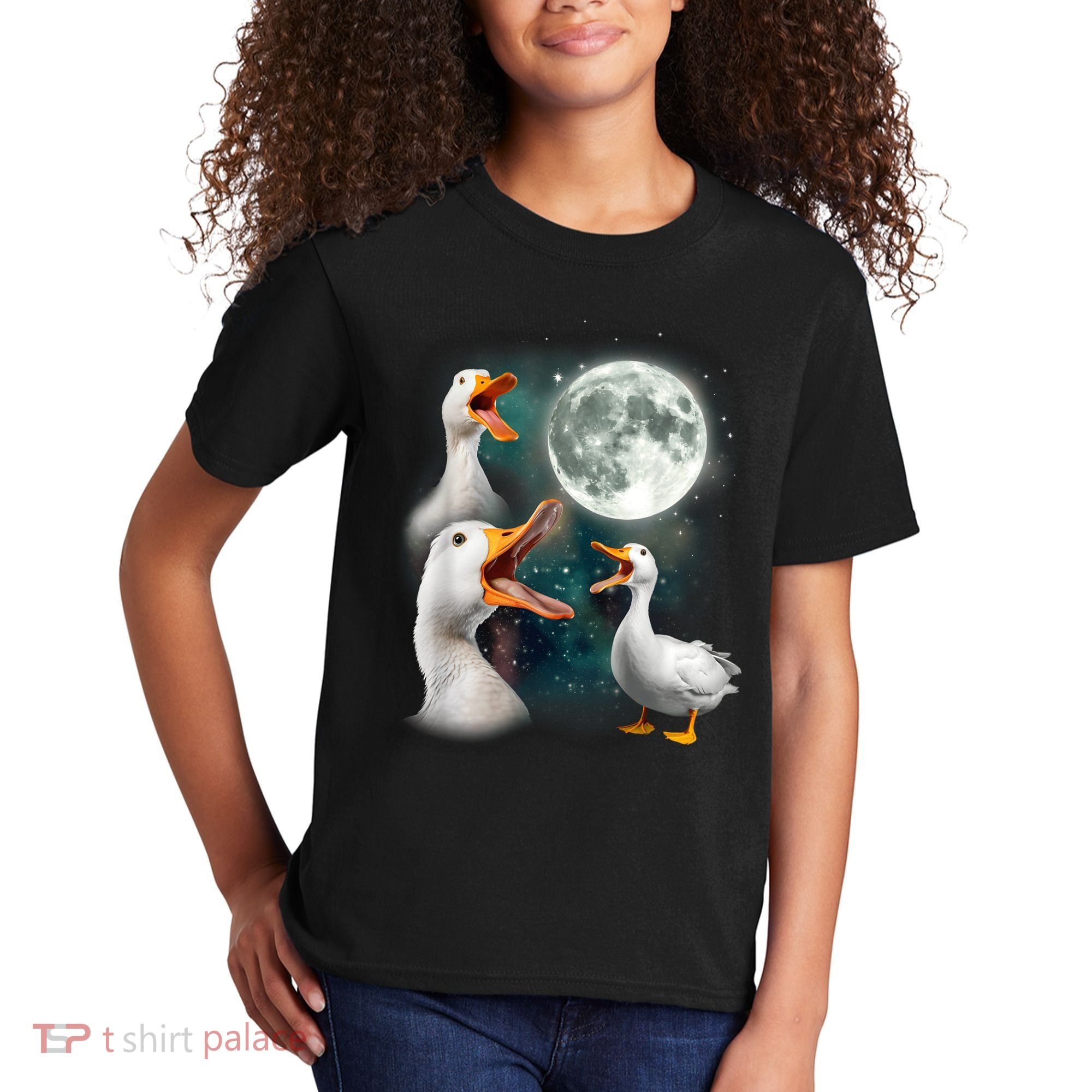 3 Ducks Howl At Moon Funny Weird Cursed Pekin Duck Lover Kids T-Shirt