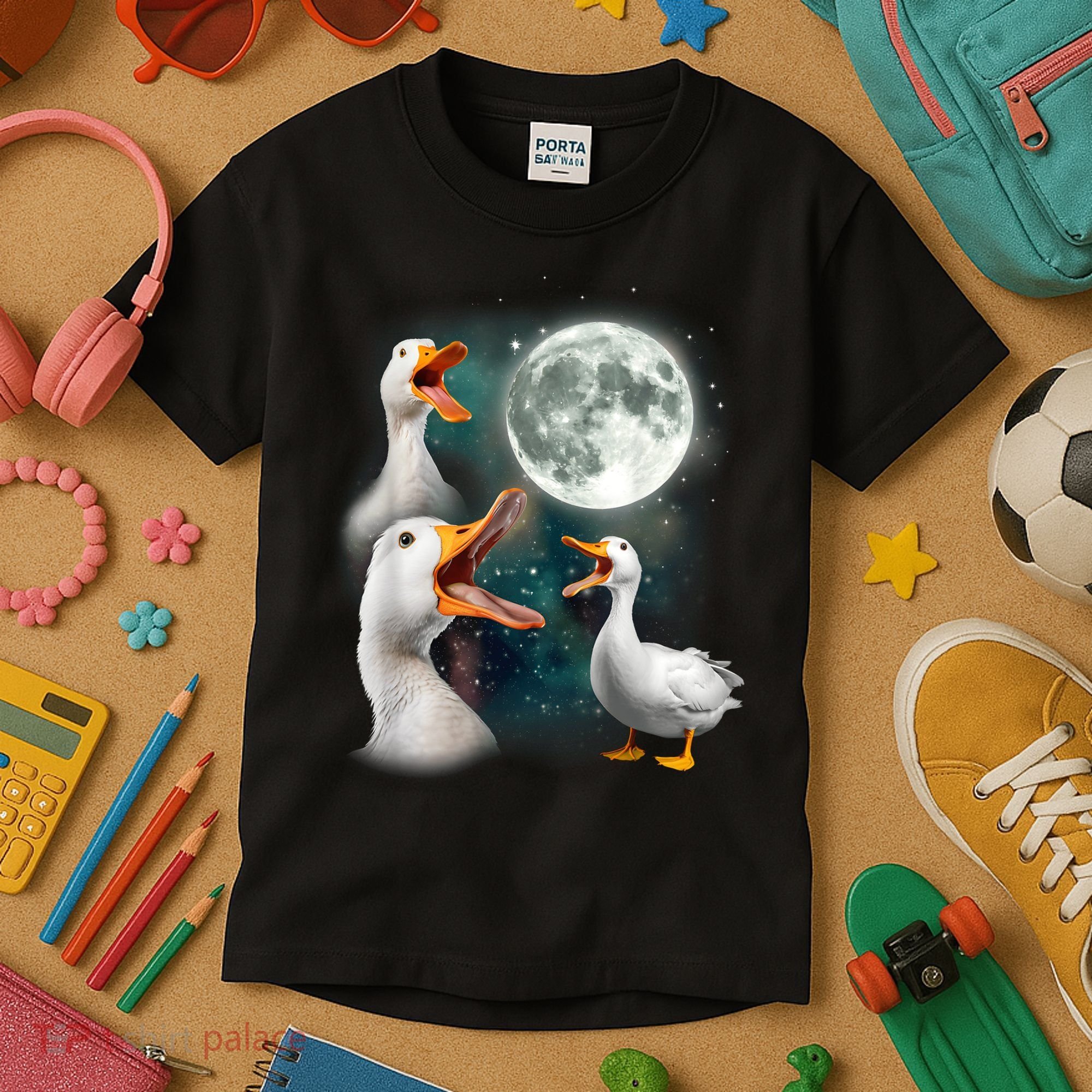 3 Ducks Howl At Moon Funny Weird Cursed Pekin Duck Lover Kids T-Shirt