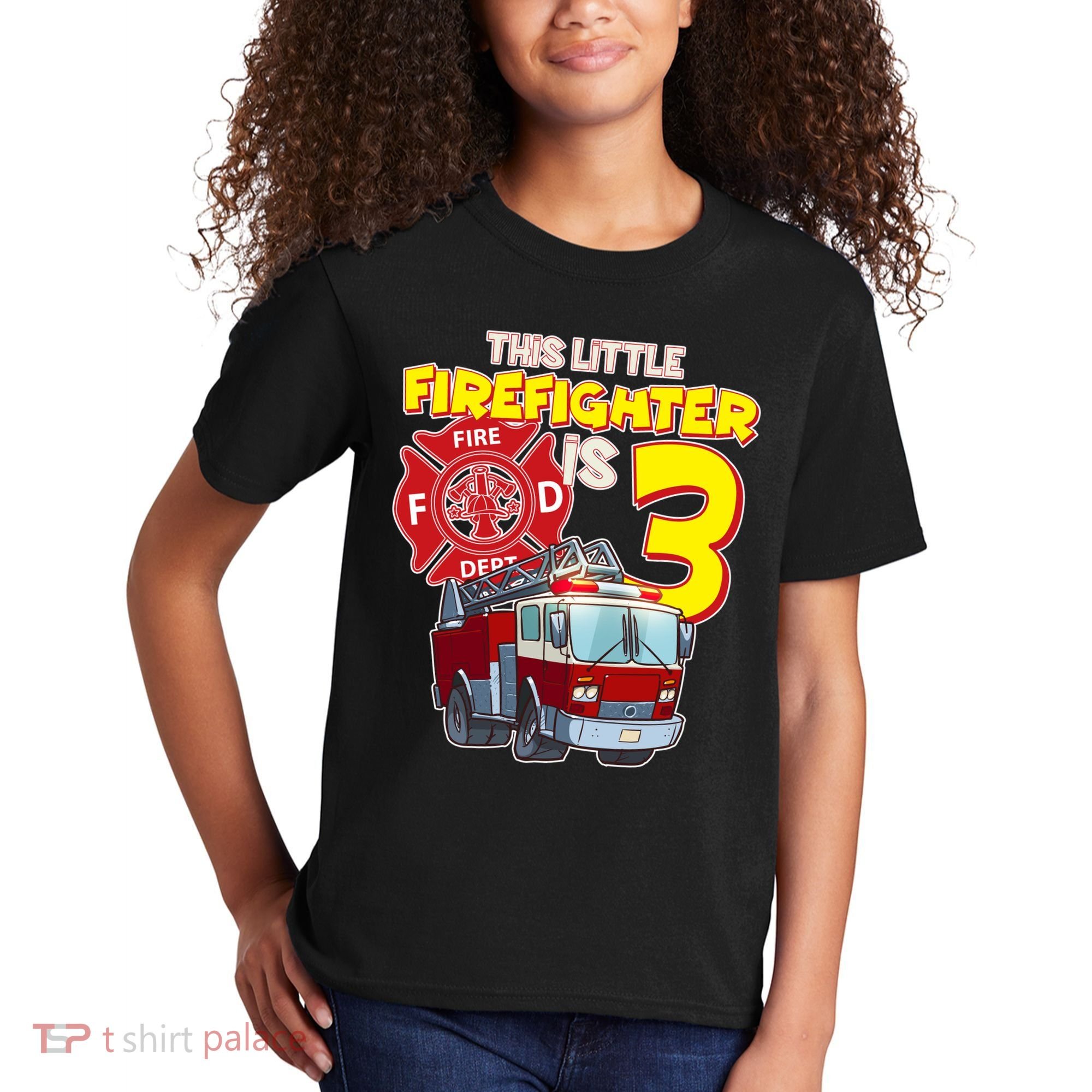 3rd Birthday This Little Firefighter Is Three Kids T-Shirt