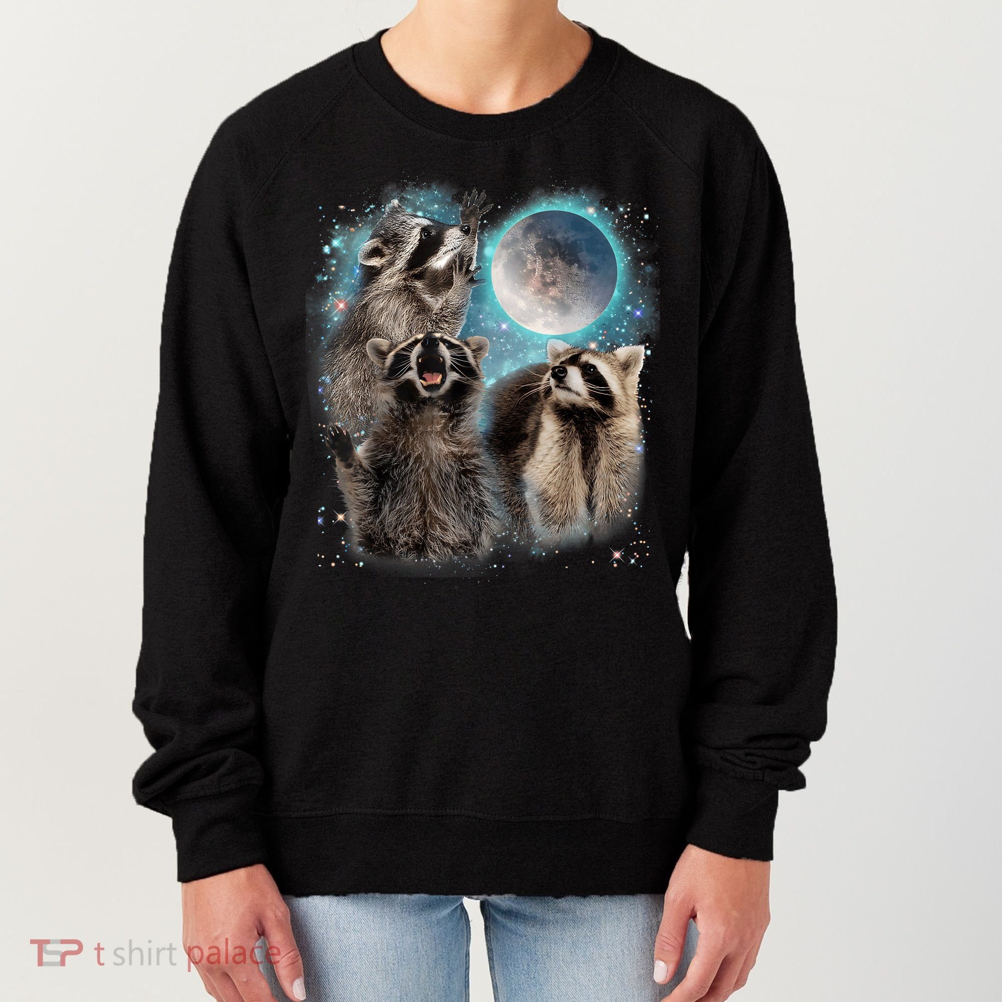 3 Racoon Moon Howling Raccoon Head Funny Women's Sweatshirt