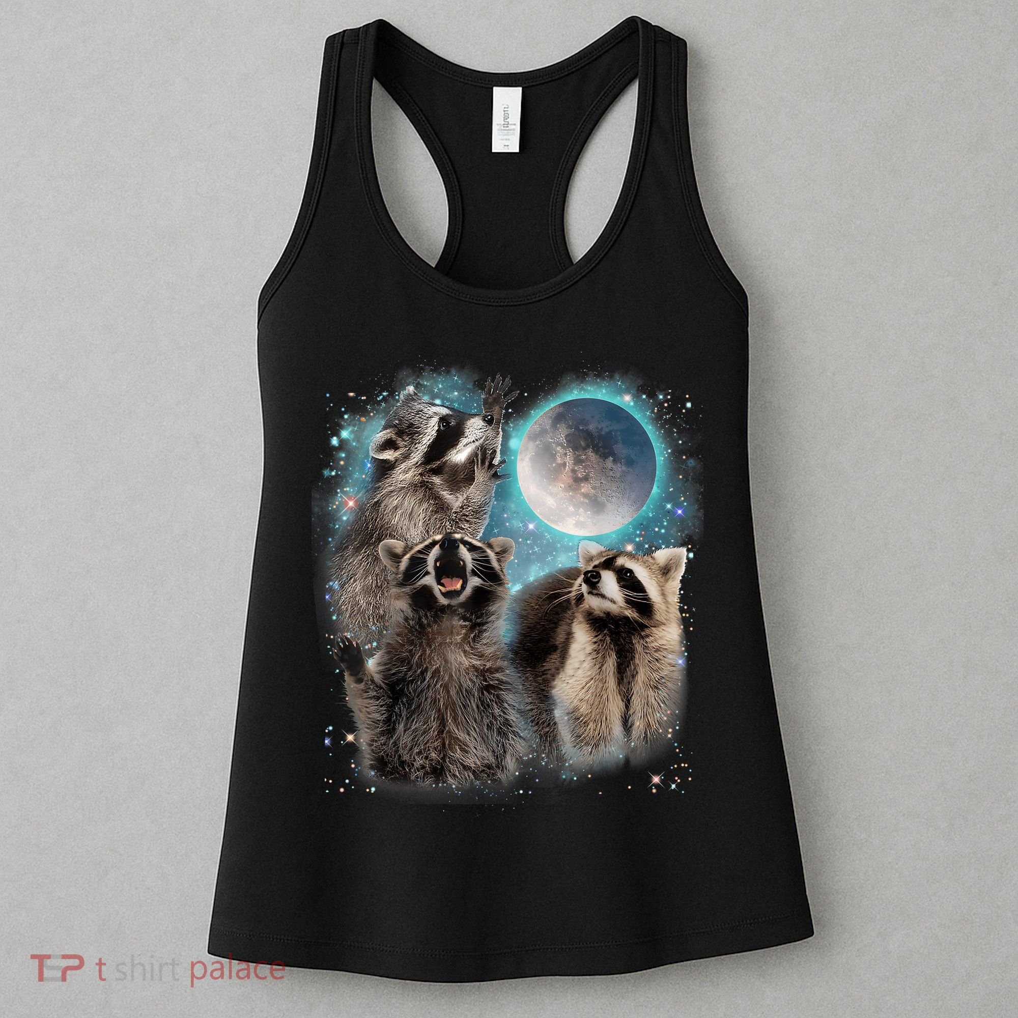 3 Racoon Moon Howling Raccoon Head Funny Women's Tank Top