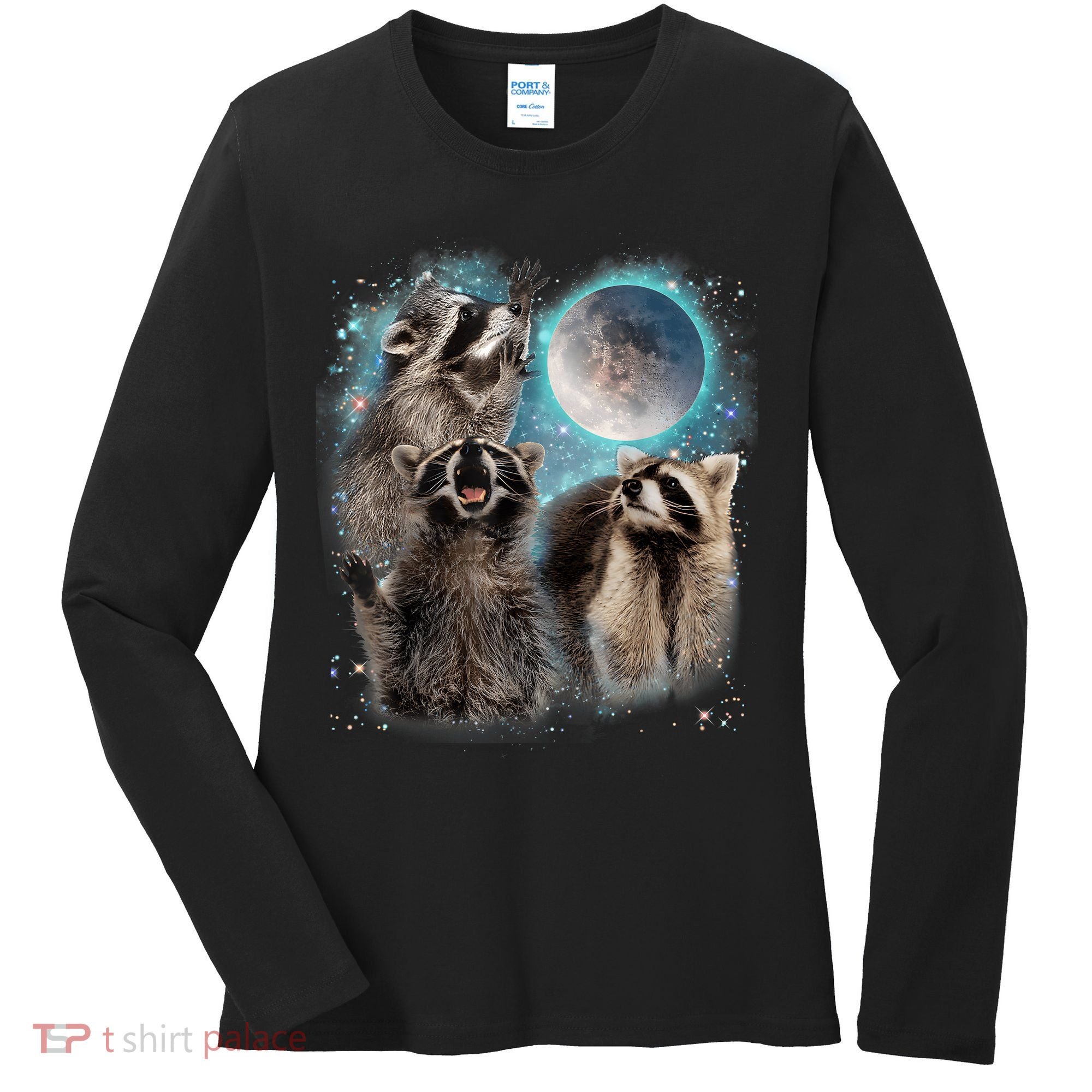 3 Racoon Moon Howling Raccoon Head Funny Women's Long Sleeve Shirt