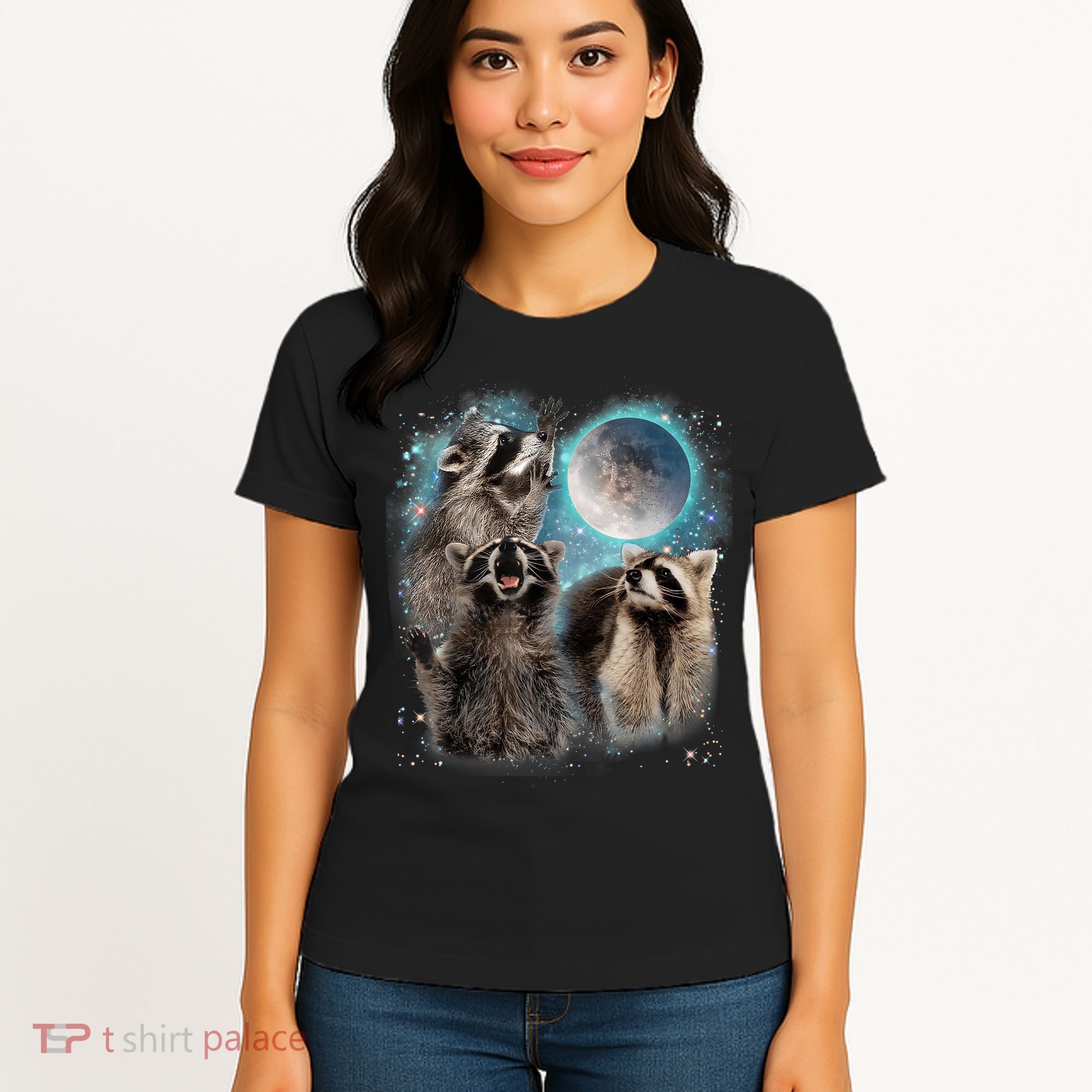 3 Racoon Moon Howling Raccoon Head Funny Women's T-Shirt