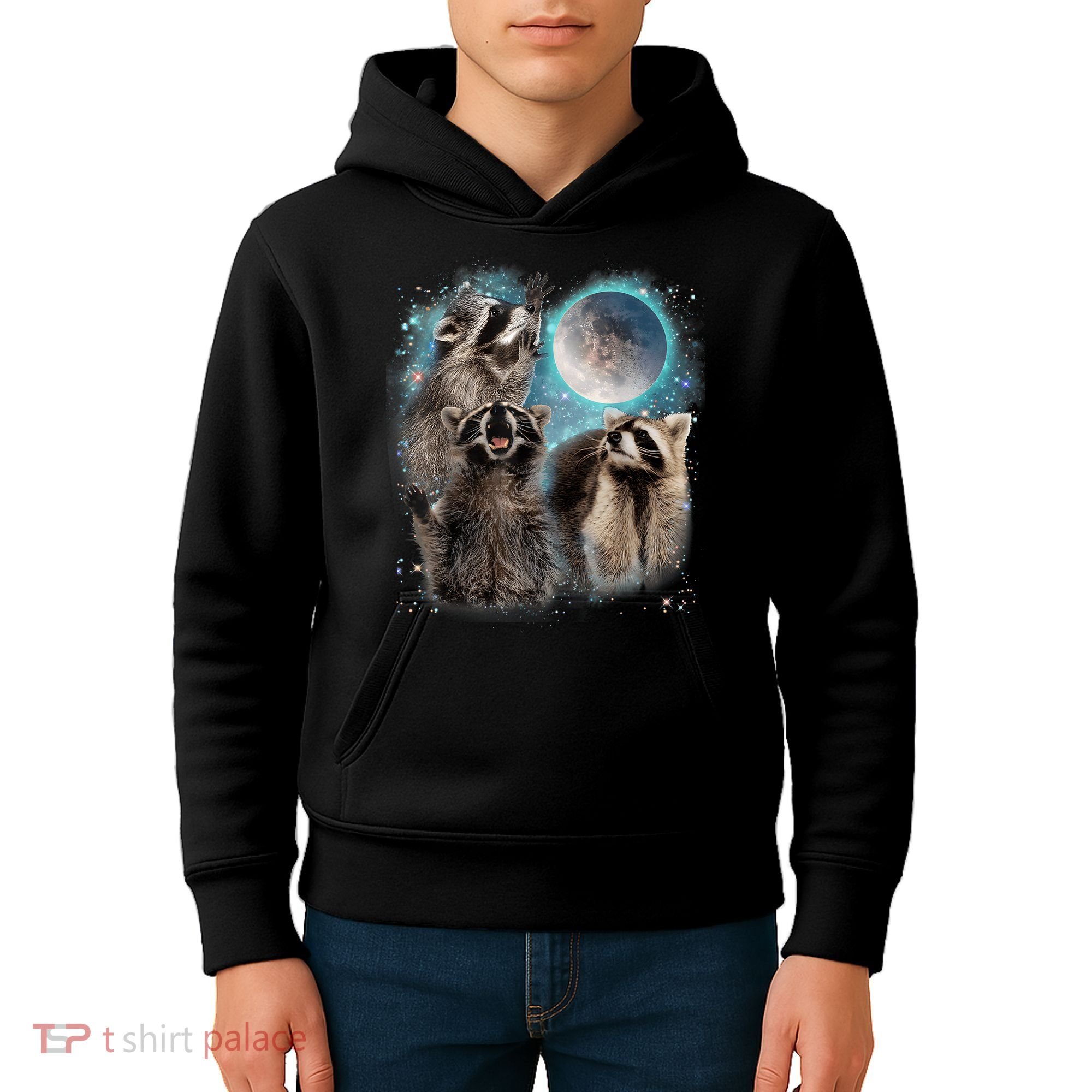 3 Racoon Moon Howling Raccoon Head Funny Kids Hoodie