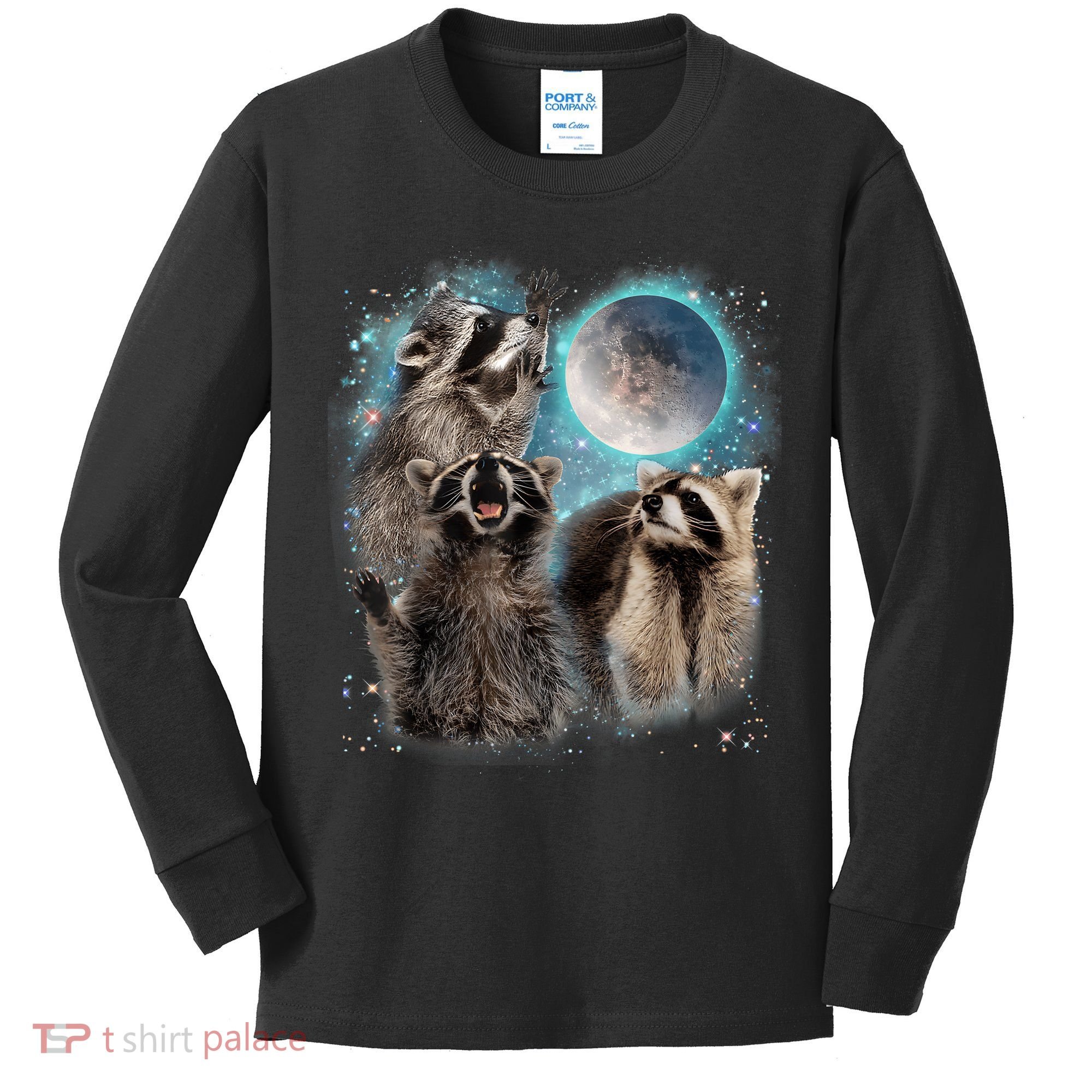 3 Racoon Moon Howling Raccoon Head Funny Kids Long Sleeve Shirt