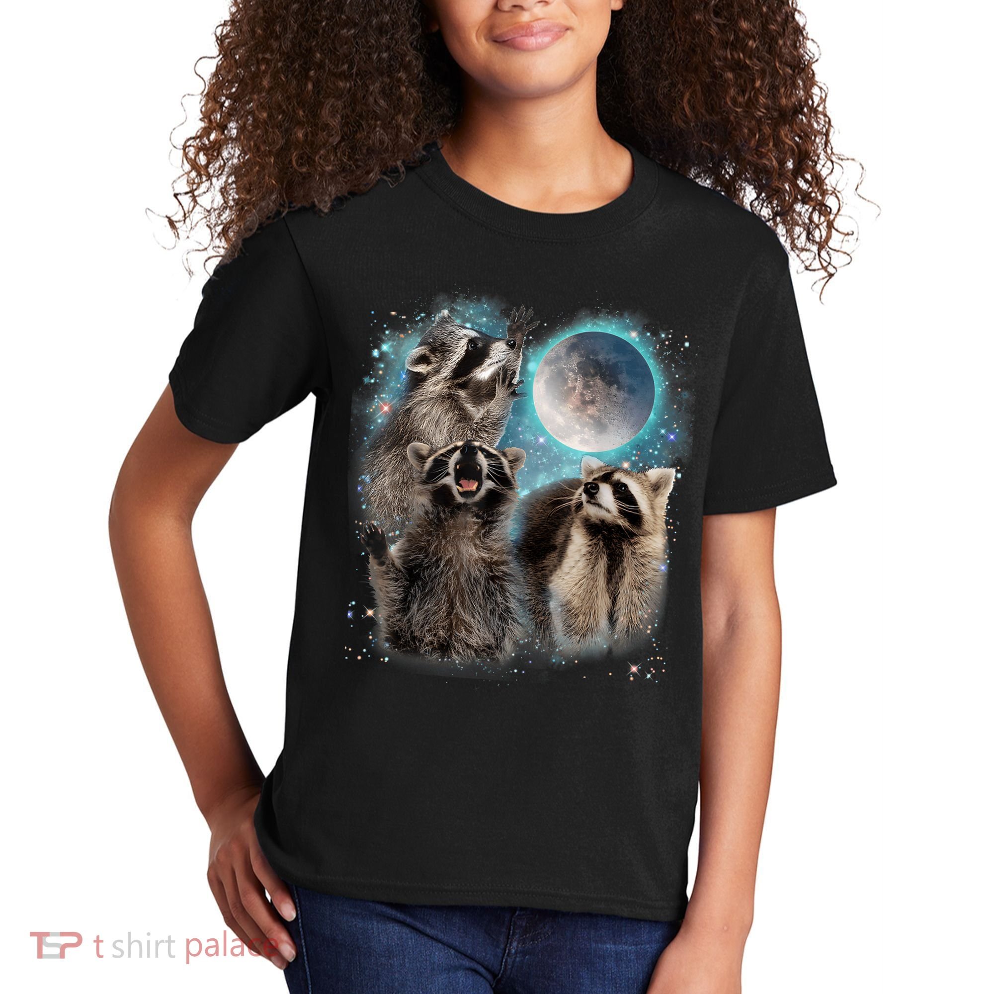 3 Racoon Moon Howling Raccoon Head Funny Kids T-Shirt