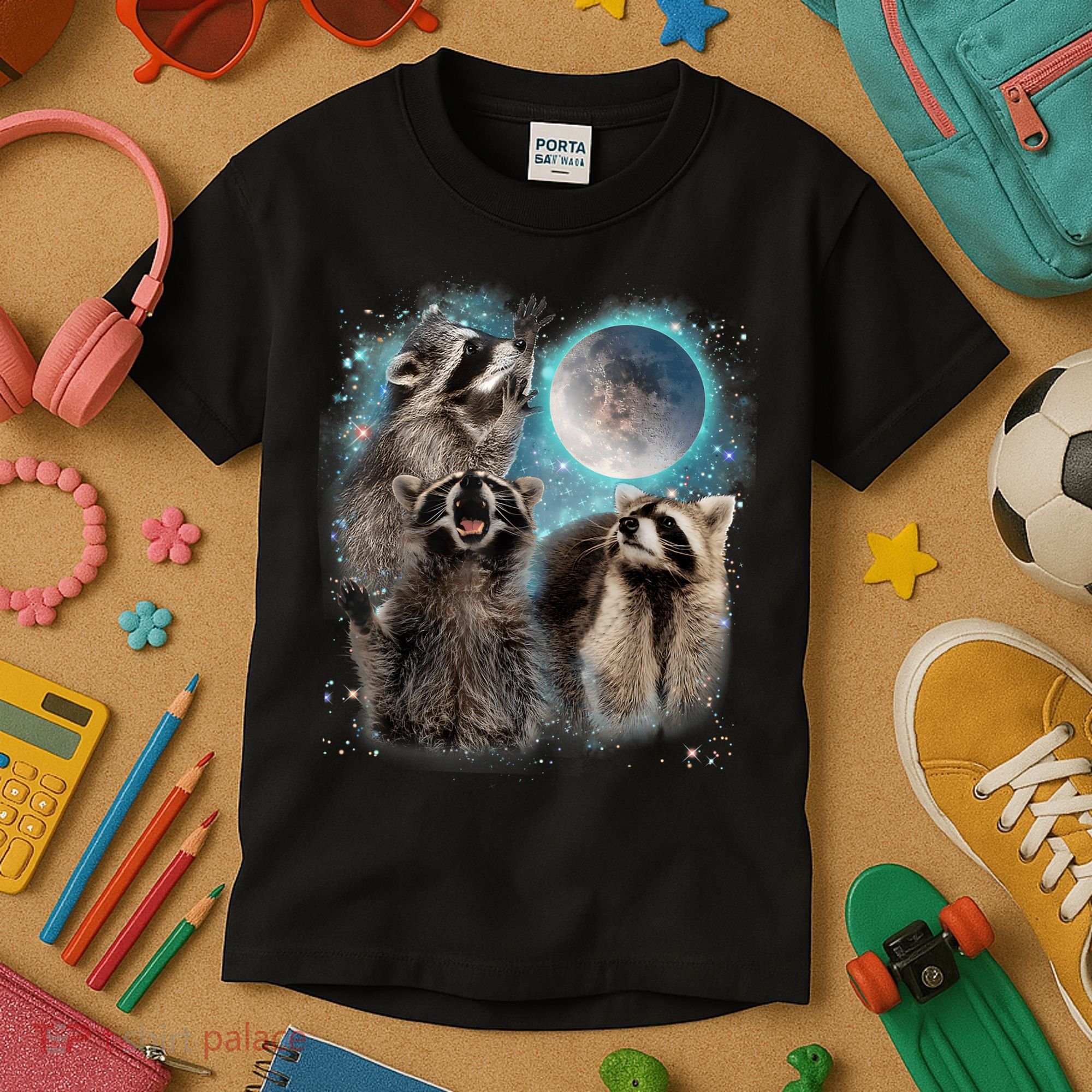 3 Racoon Moon Howling Raccoon Head Funny Kids T-Shirt