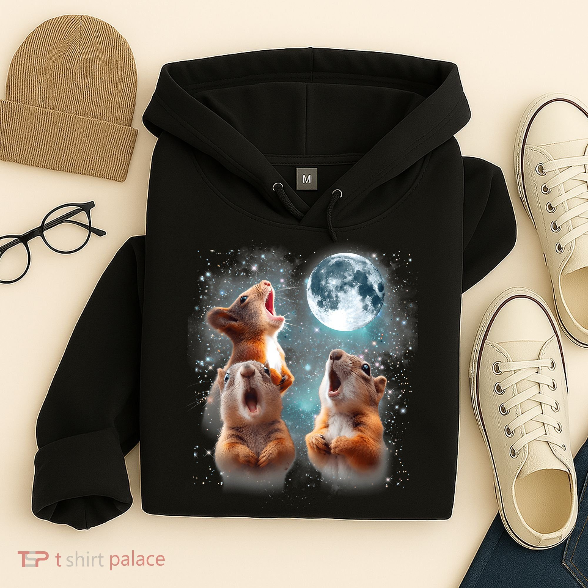 3 Squirrel Moon Howling Squirrel Head Funny Hoodie