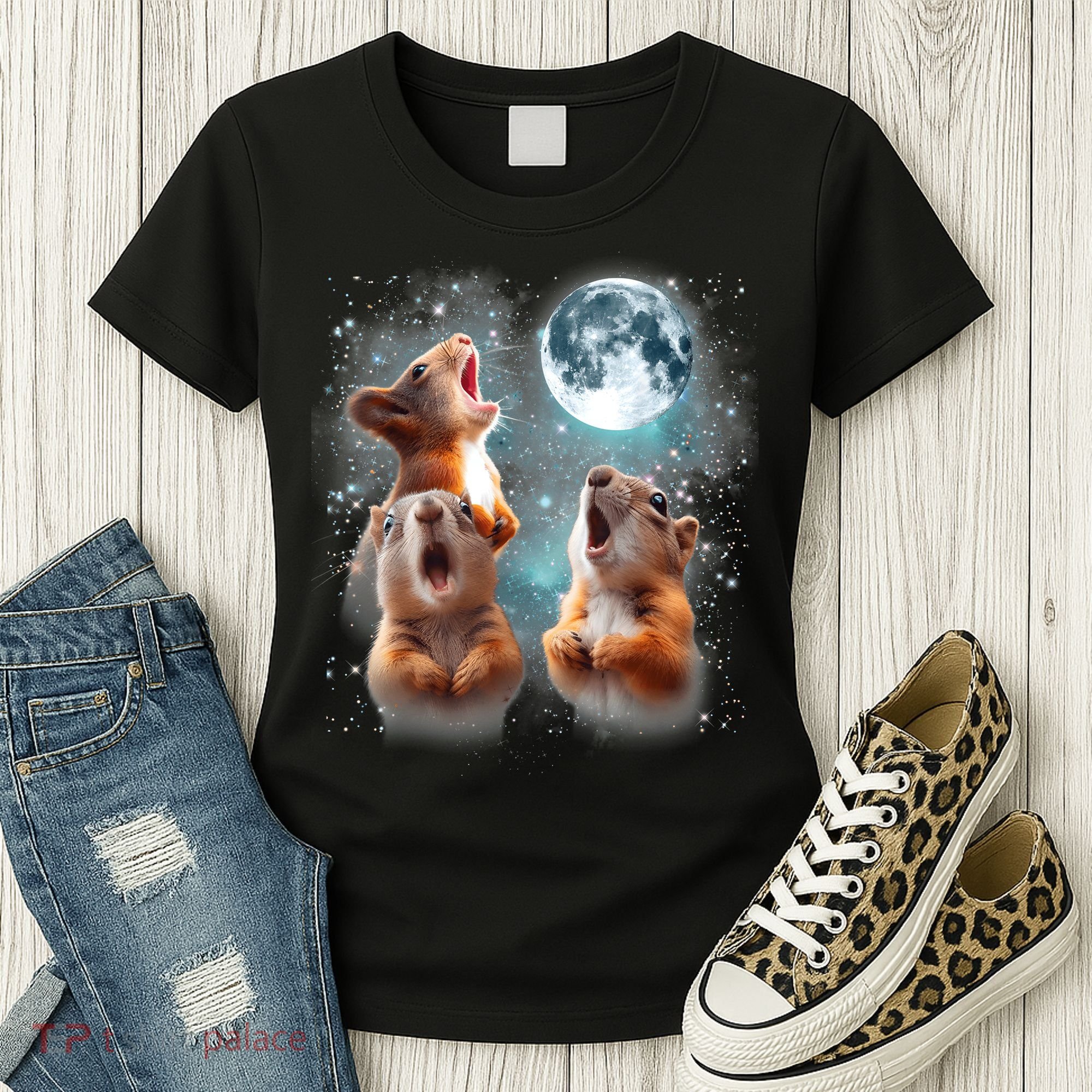 3 Squirrel Moon Howling Squirrel Head Funny Women's T-Shirt