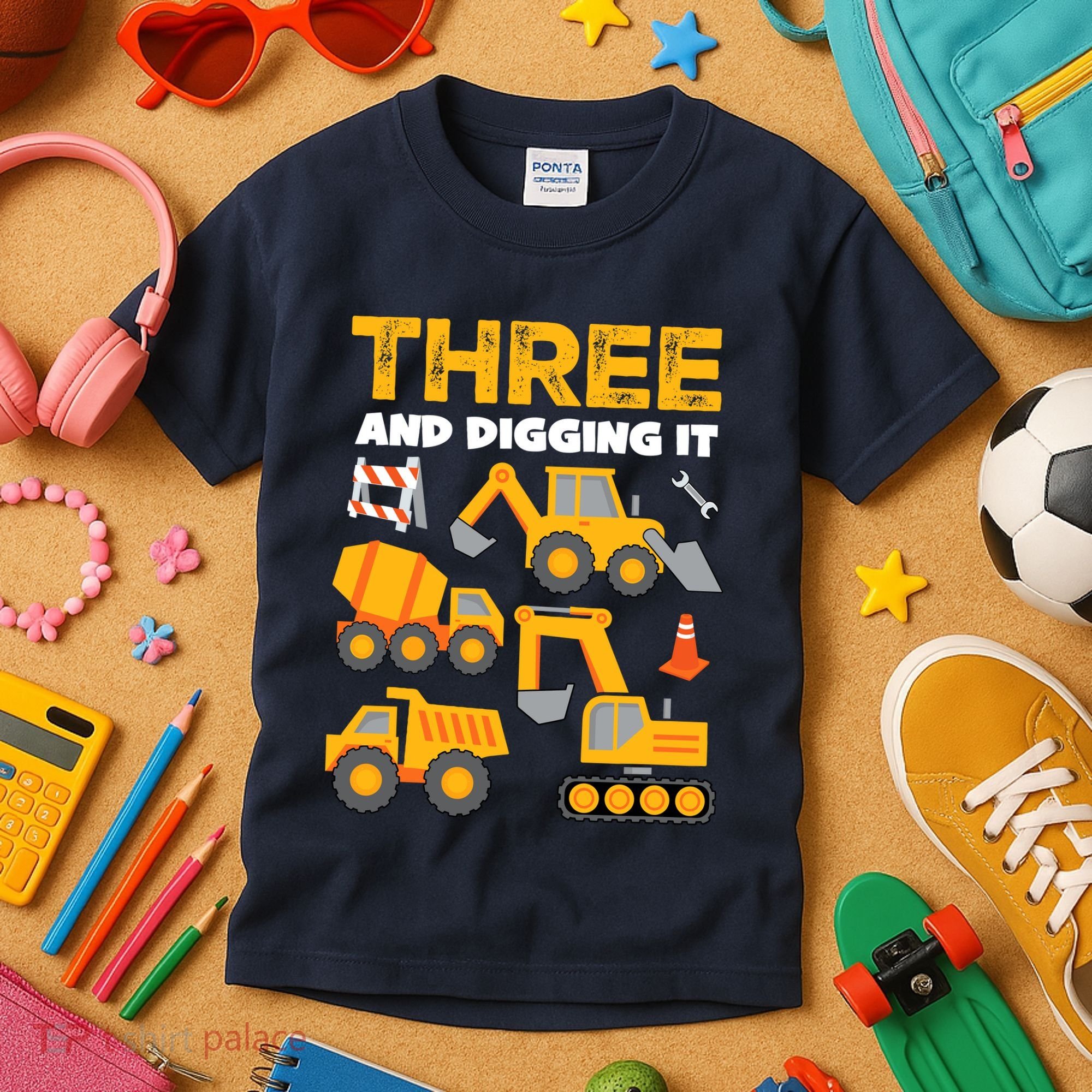 3 Three And Digging It 3rd Birthday Boy Construction Truck Kids T-Shirt