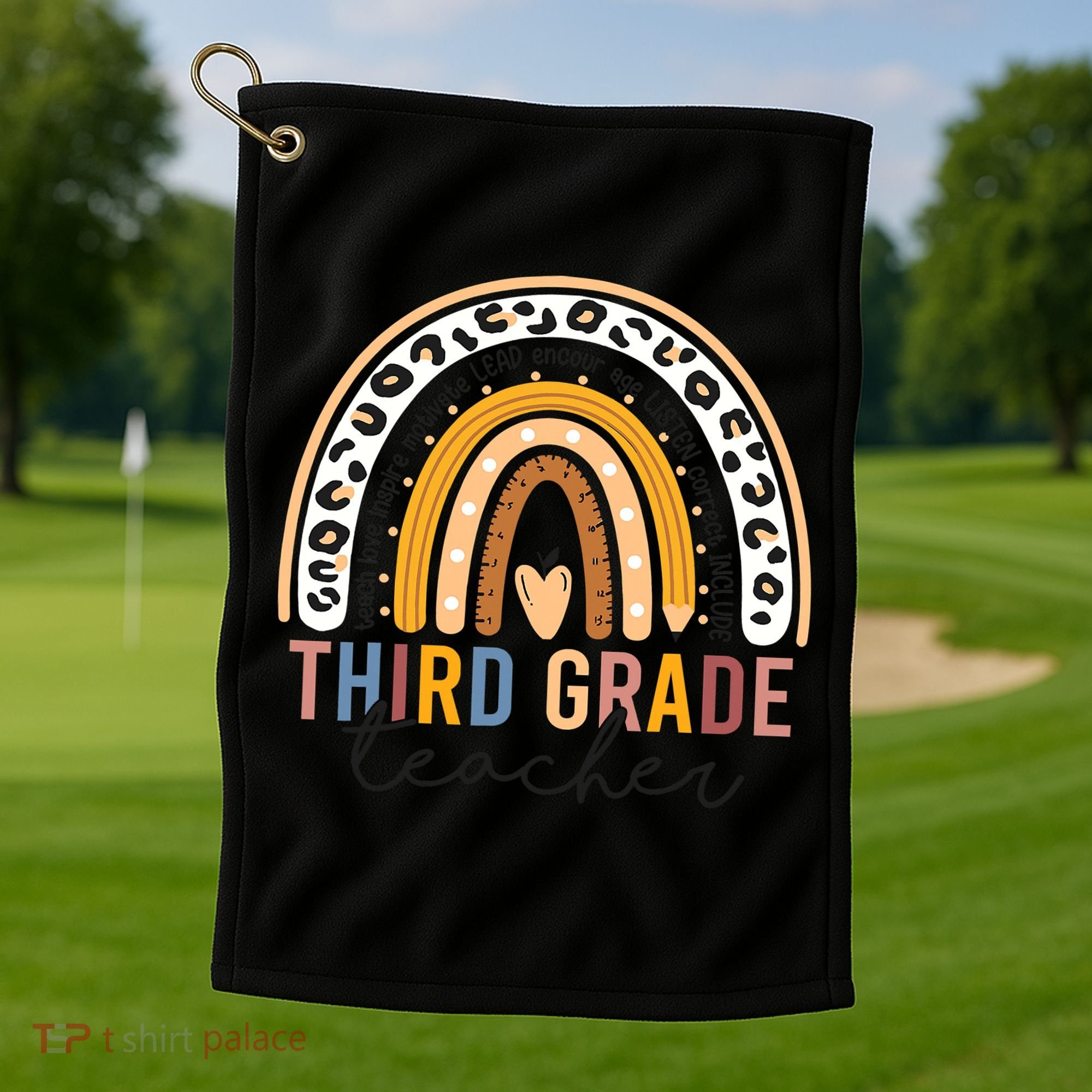 3rd Third Grade Teacher Cute Leopard Rainbow To School Golf Towel