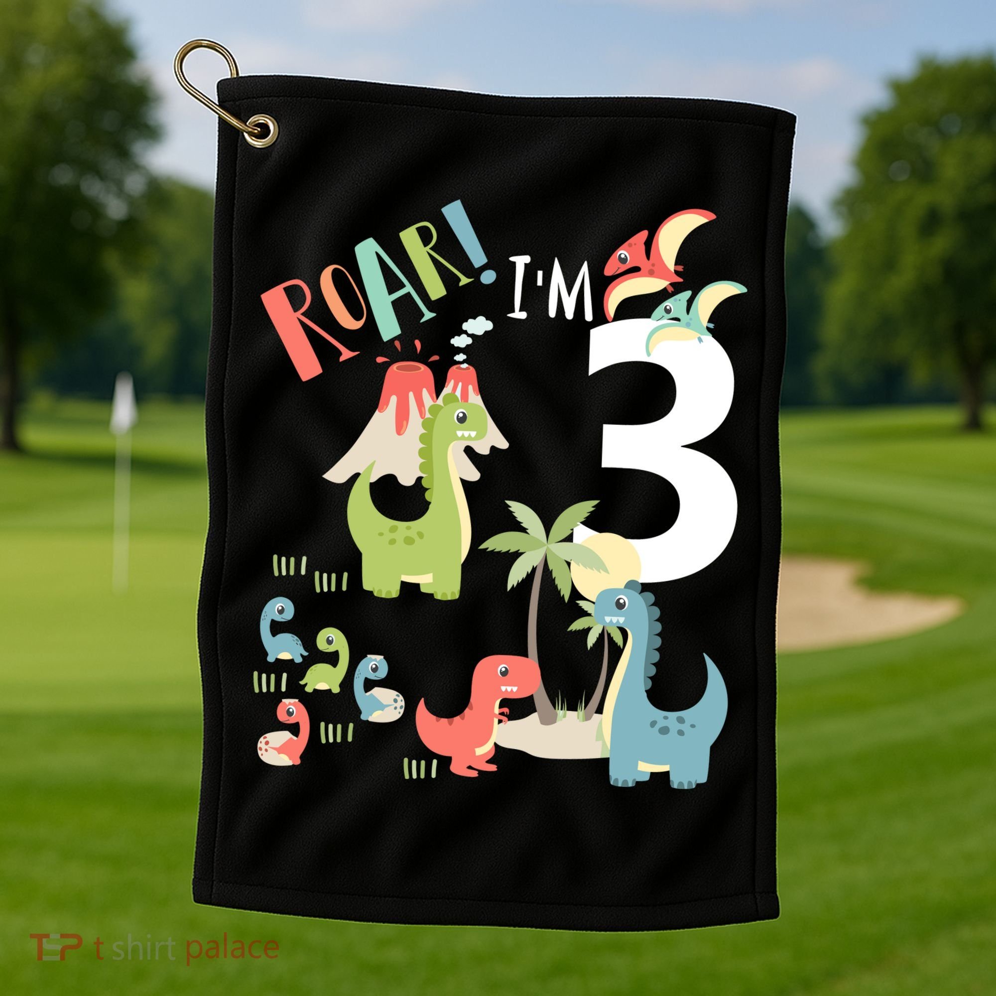 3 Year Old Roar Im 3 3rd Birthday Boy T Rex Dinosaur Golf Towel