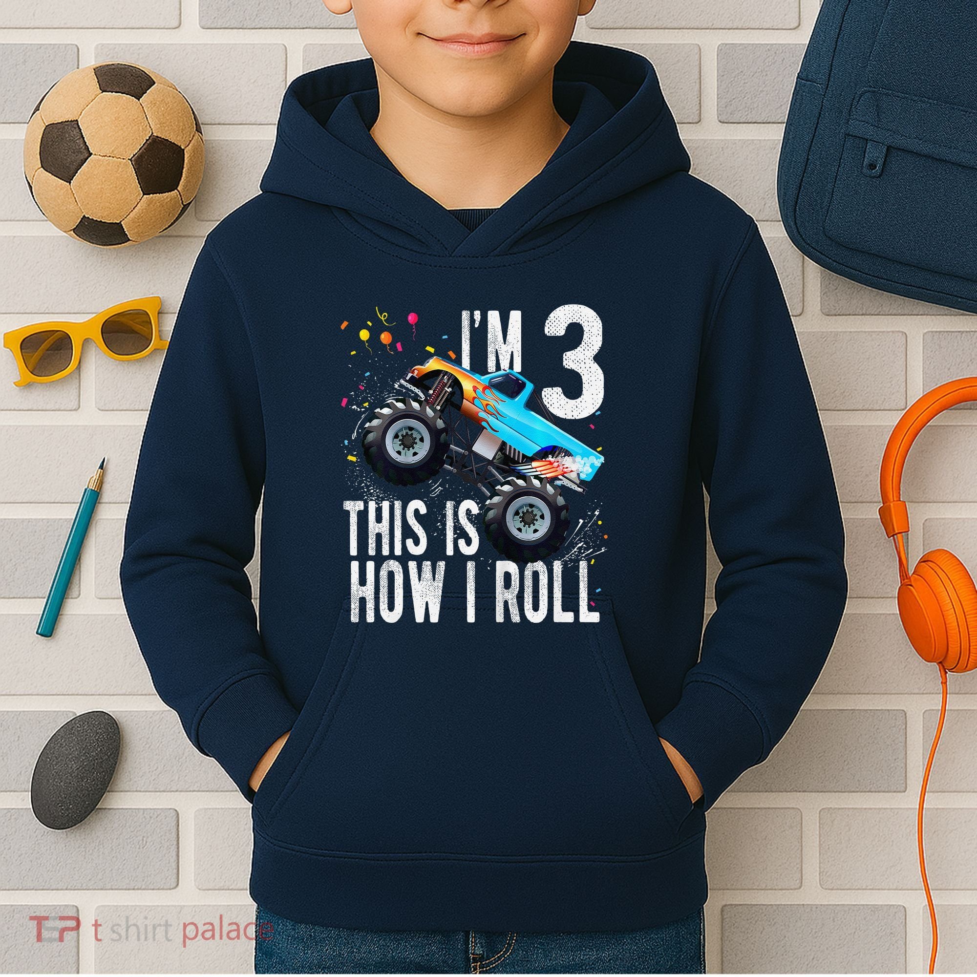 3 Year Old 3rd Birthday Boy Monster Truck Car Kids Hoodie