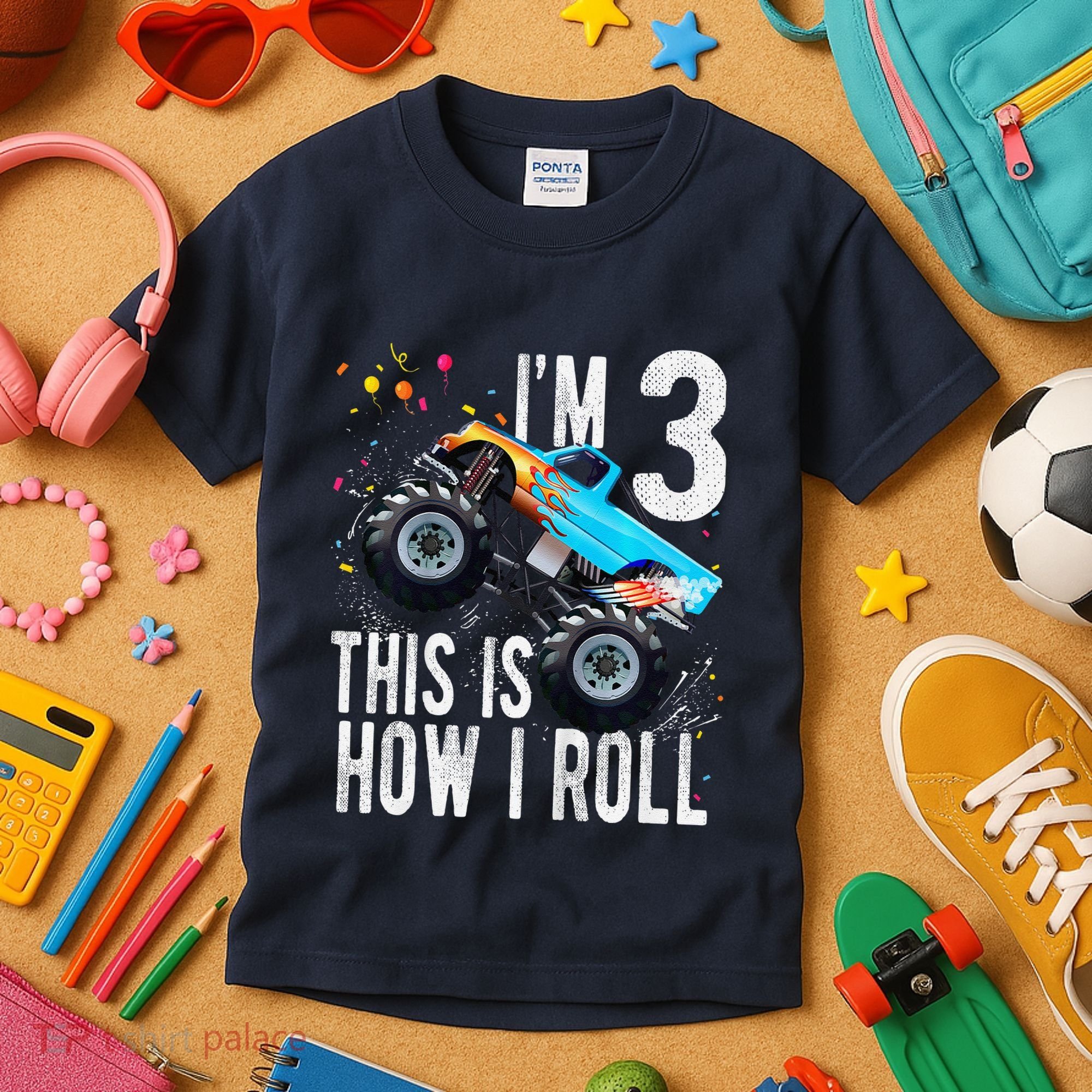 3 Year Old 3rd Birthday Boy Monster Truck Car Kids T-Shirt