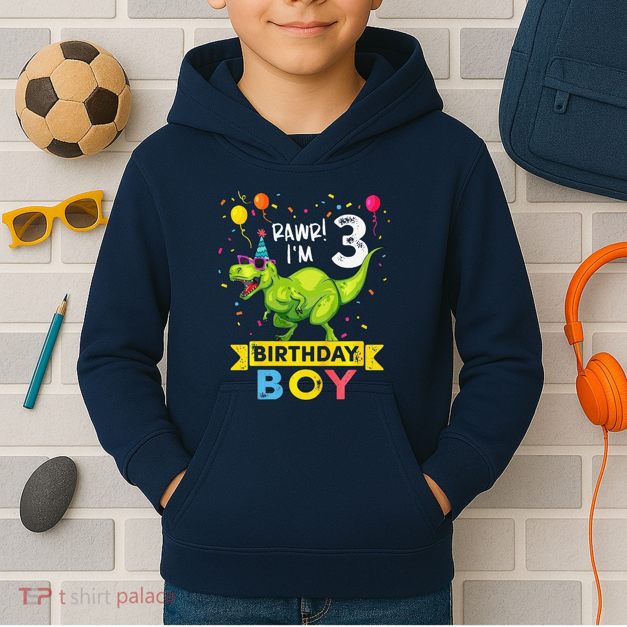3 Year Old 3rd Birthday Boy T Rex Dinosaur Kids Hoodie