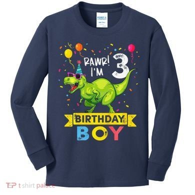 3 Year Old 3rd Birthday Boy T Rex Dinosaur Kids Long Sleeve Shirt