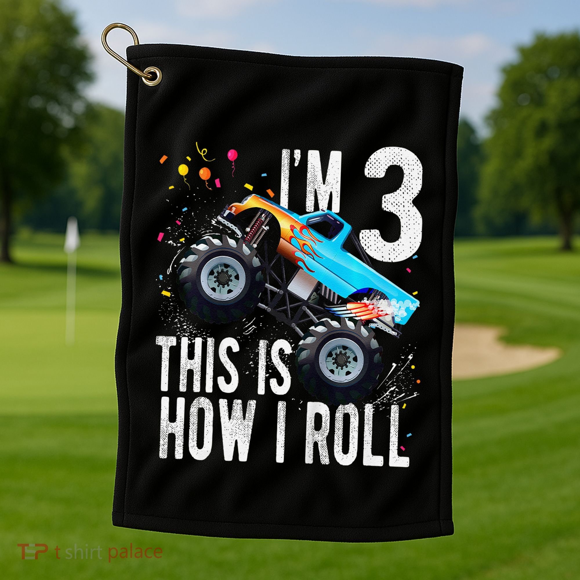 3 Year Old 3rd Birthday Boy Monster Truck Car Gift Golf Towel