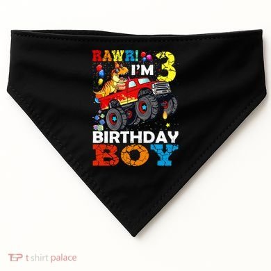 3 Year Old Funny Gift 3rd Birthday Boy Dinosaur Monster Truck Gift USA-Made Doggie Bandana